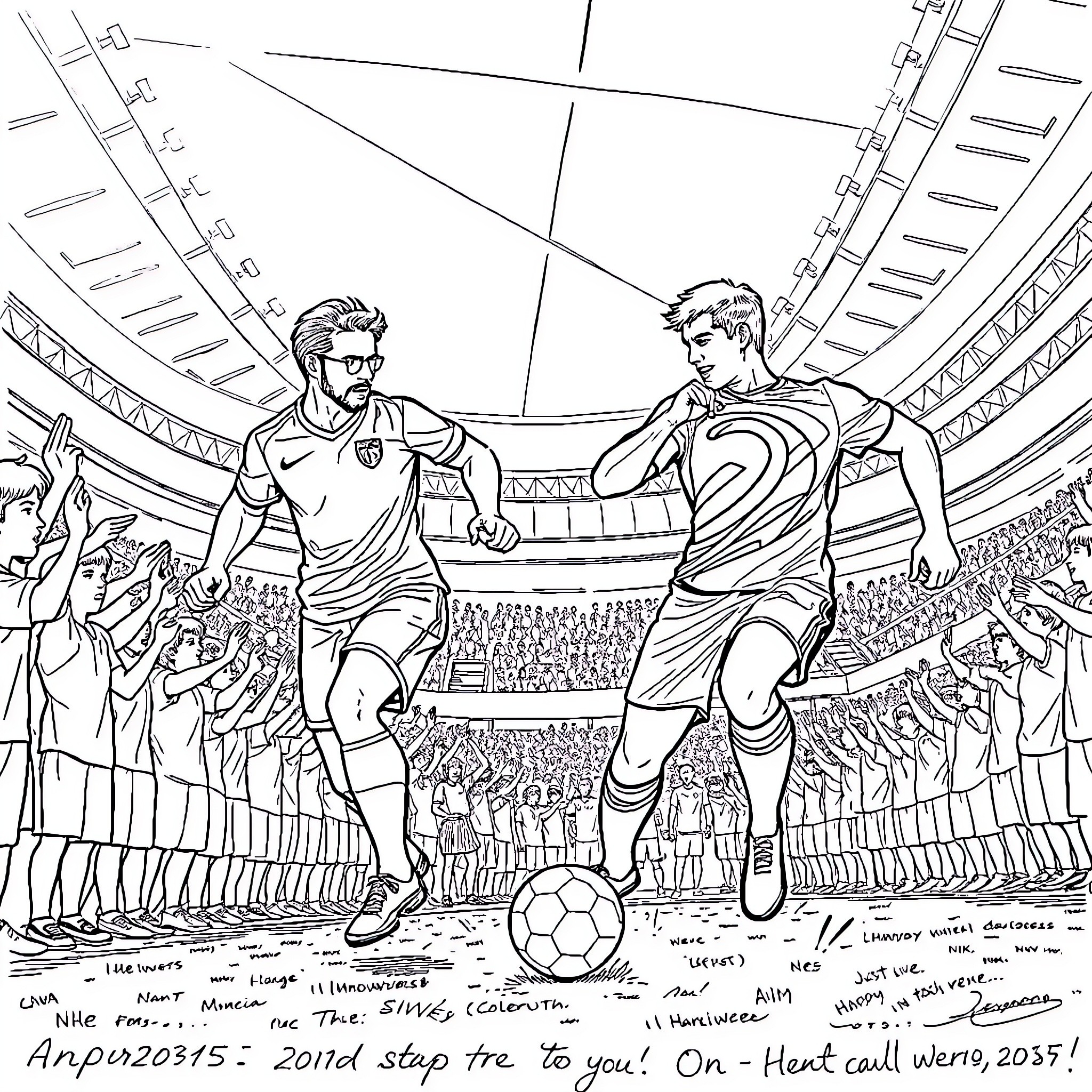 Chris Evans and Tom Holland as soccer rivals on the field Coloring Page (free black-and-white line drawing printable PDF for all, from beginners to advanced learners, including children, teens, adults, and seniors)