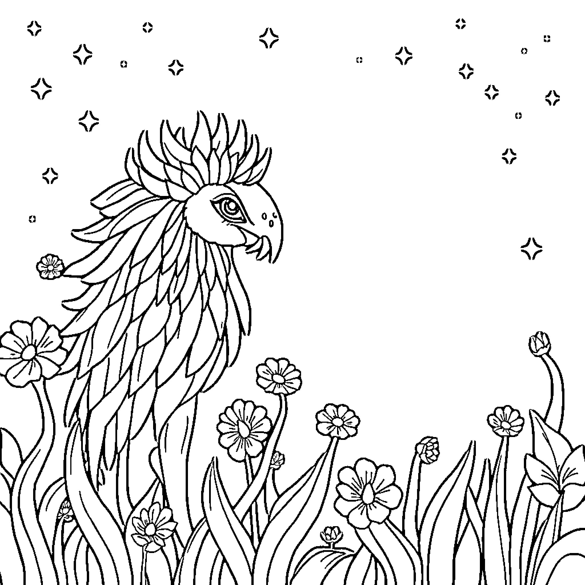 The Great Combination of Whimsical Avian and Blooming Florals Coloring Page (free black-and-white line drawing printable PDF for all, from beginners to advanced learners, including children, teens, adults, and seniors)
