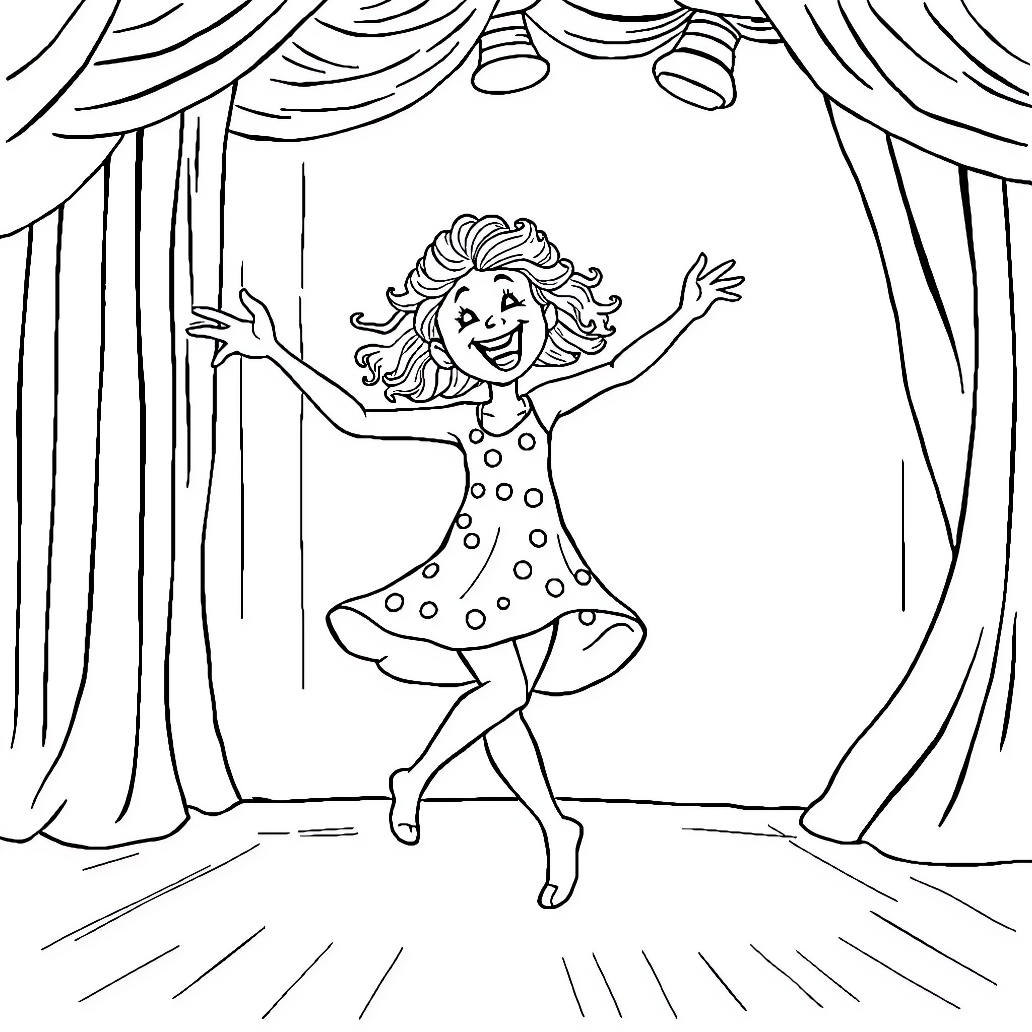 Zizi's Joyful Dance on Stage Coloring Page (free black-and-white line drawing printable PDF for all, from beginners to advanced learners, including children, teens, adults, and seniors)