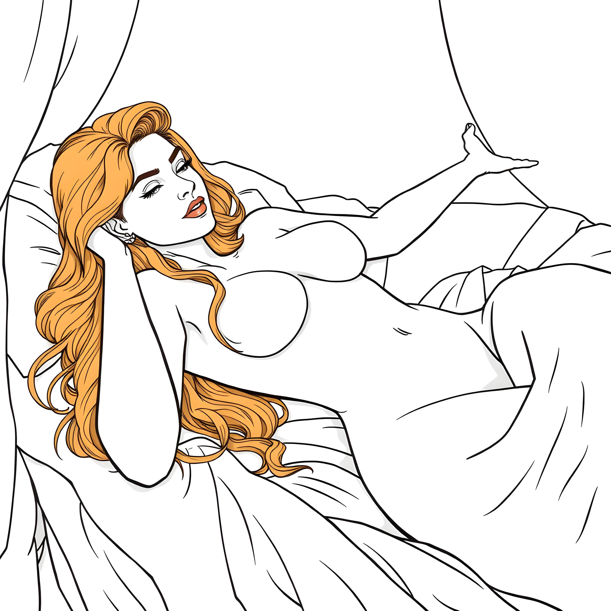 Lady reclining gracefully on ornate bedding Coloring Page (free black-and-white line drawing printable PDF for all, from beginners to advanced learners, including children, teens, adults, and seniors)