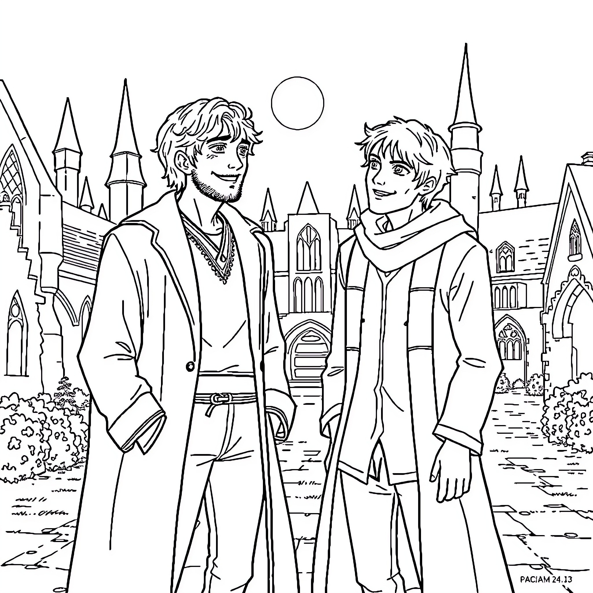 Remus Lupin and Harry Potter exploring Hogwarts Coloring Page (free black-and-white line drawing printable PDF for all, from beginners to advanced learners, including children, teens, adults, and seniors)