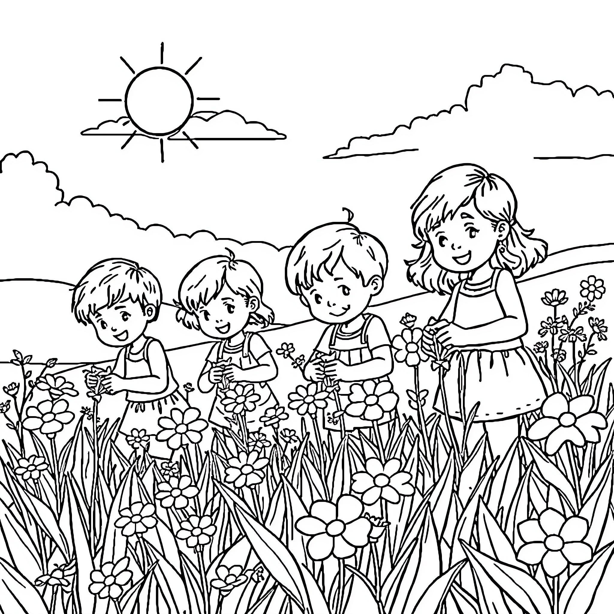 Kid exploring nature with friends in a floral field Coloring Page (free black-and-white line drawing printable PDF for all, from beginners to advanced learners, including children, teens, adults, and seniors)