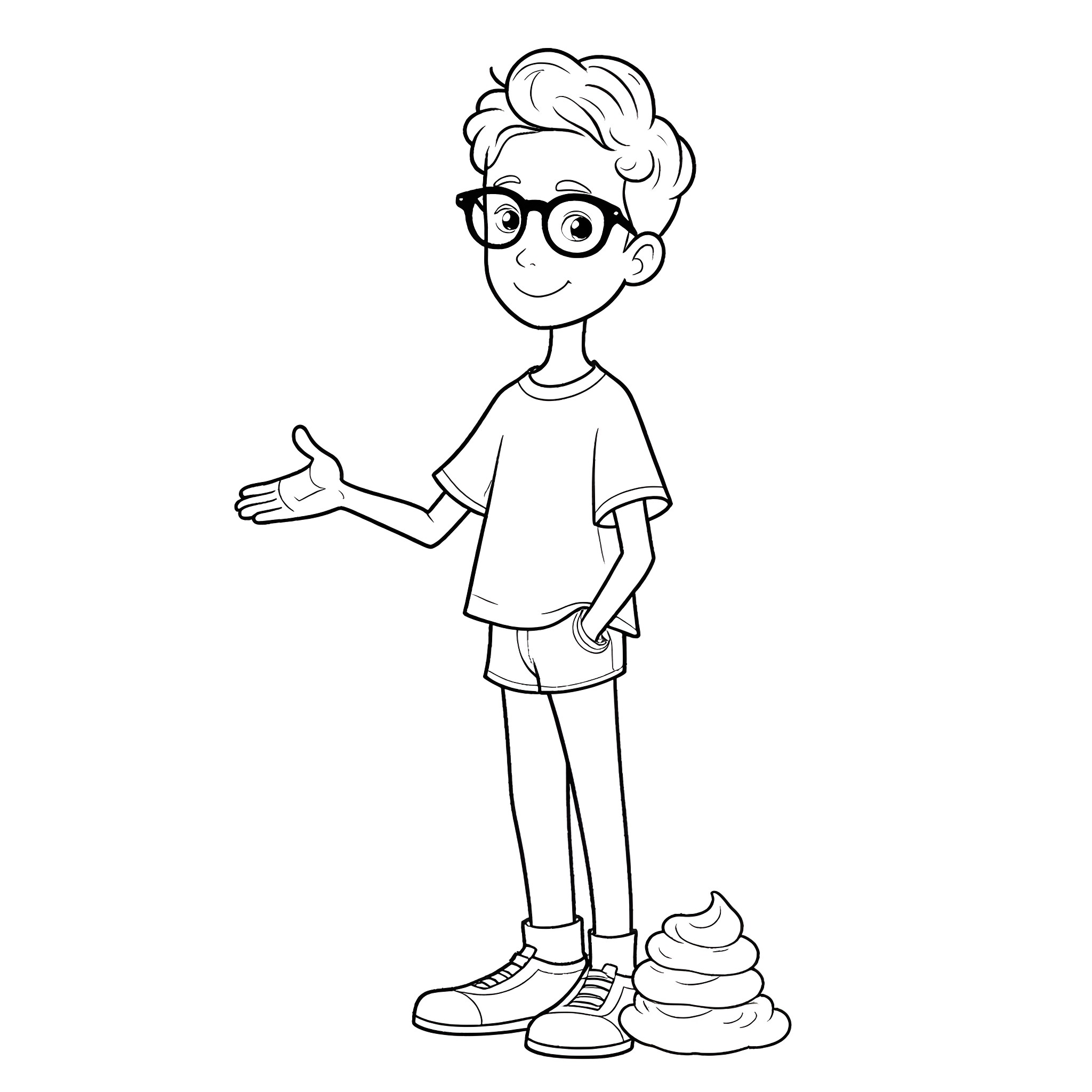 Alexander Siamatas - Smiling boy with glasses and casual outfit Coloring Page (free black-and-white line drawing printable PDF for all, from beginners to advanced learners, including children, teens, adults, and seniors)