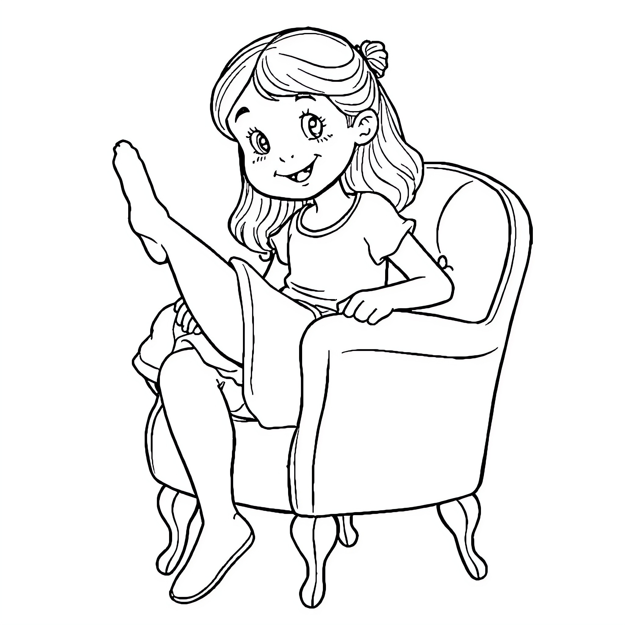 Girl happily reading a book in an armchair Coloring Page (free black-and-white line drawing printable PDF for all, from beginners to advanced learners, including children, teens, adults, and seniors)