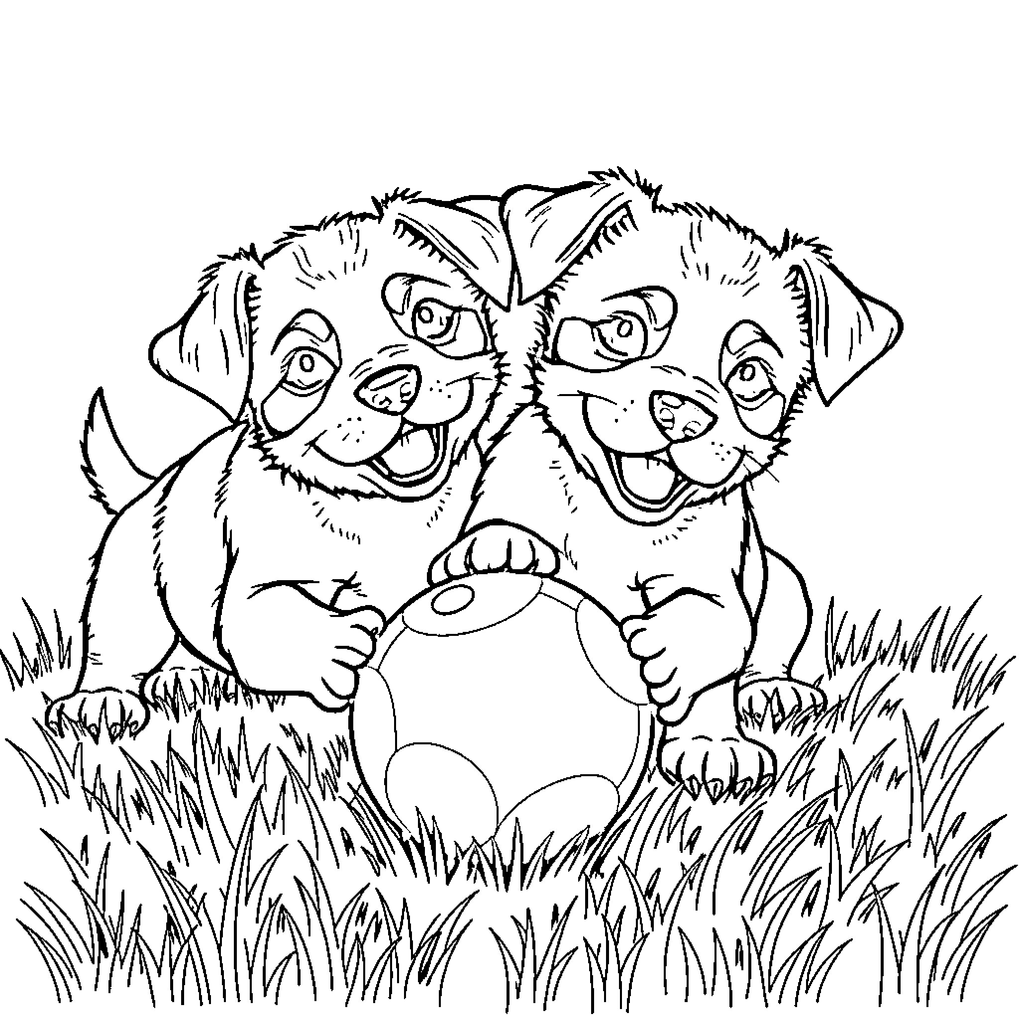 Puppy Pals Enjoying Time Together Coloring Page (free black-and-white line drawing printable PDF for all, from beginners to advanced learners, including children, teens, adults, and seniors)