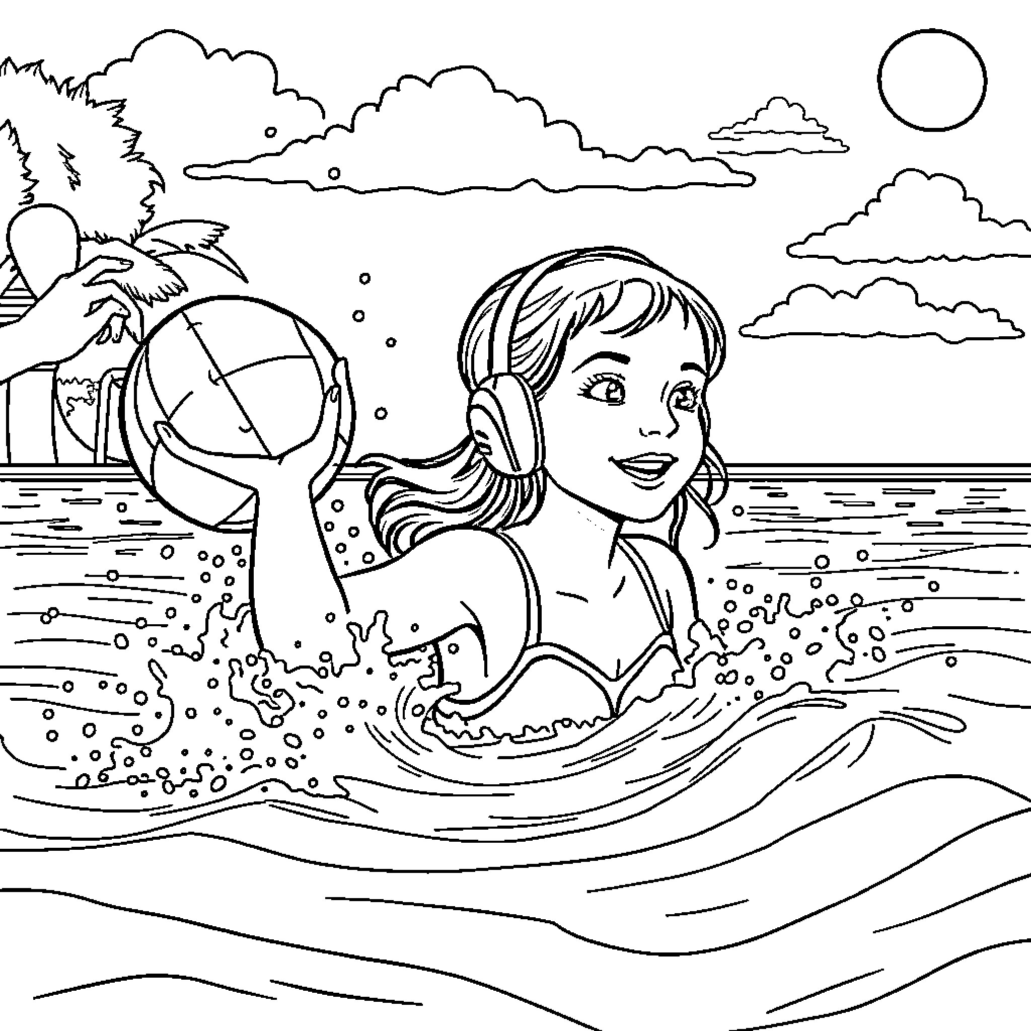 Girl swimming happily in the ocean Coloring Page (free black-and-white line drawing printable PDF for all, from beginners to advanced learners, including children, teens, adults, and seniors)