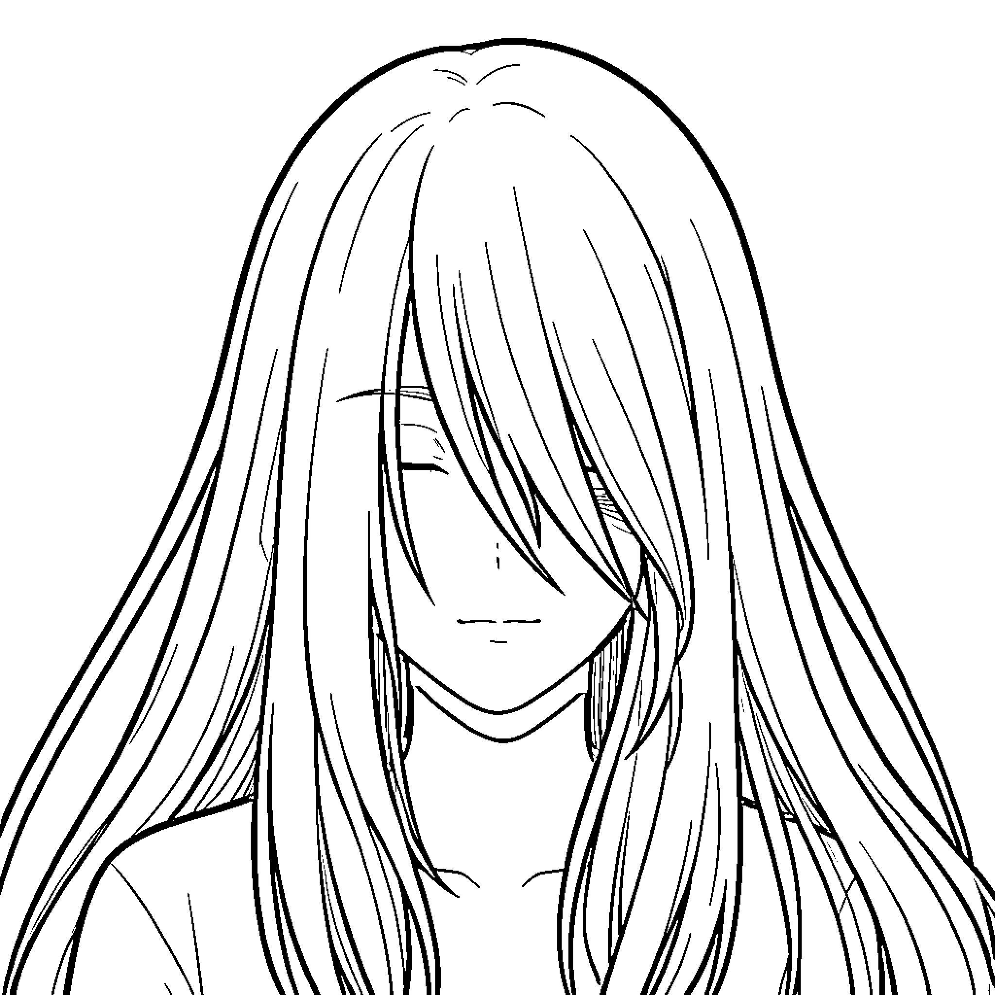 Yūrei with long hair and a calm expression Coloring Page (free black-and-white line drawing printable PDF for all, from beginners to advanced learners, including children, teens, adults, and seniors)