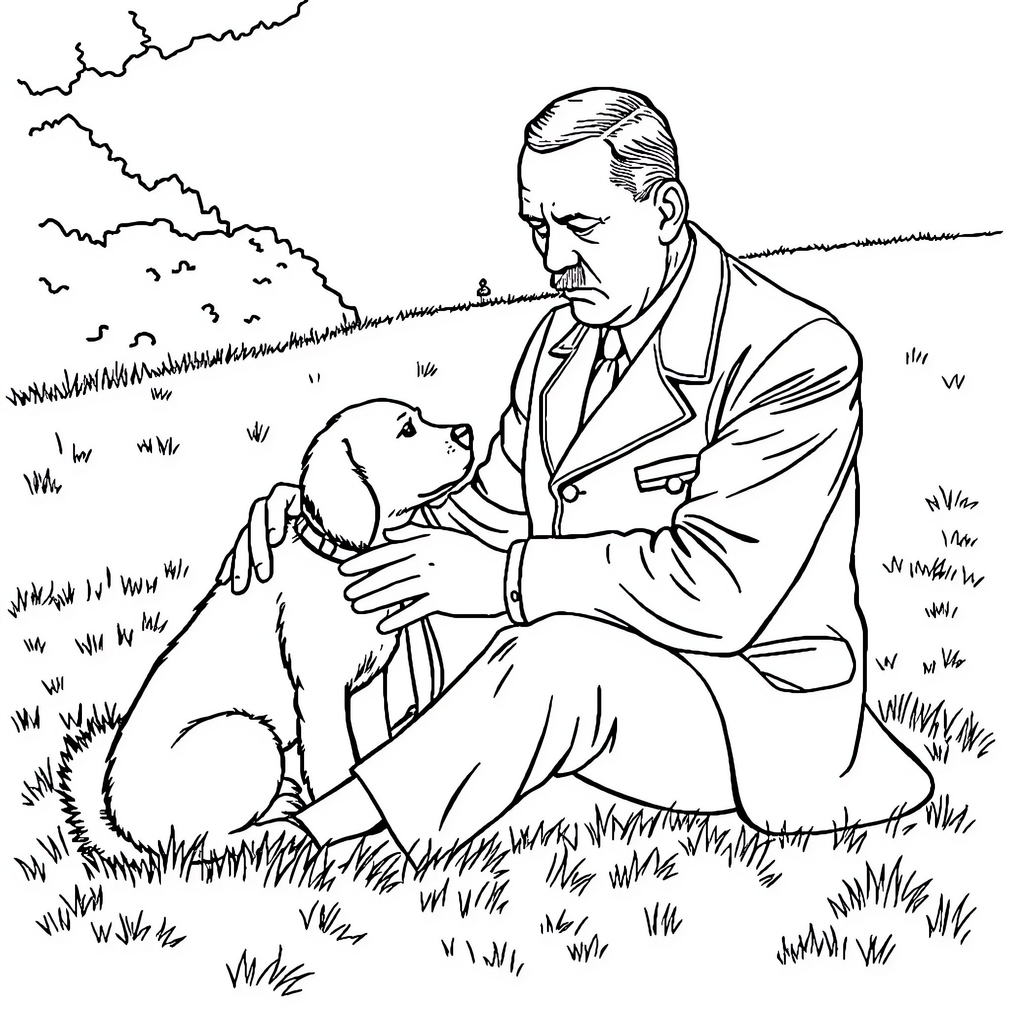 Dog resting with owner in the countryside Coloring Page (free black-and-white line drawing printable PDF for all, from beginners to advanced learners, including children, teens, adults, and seniors)