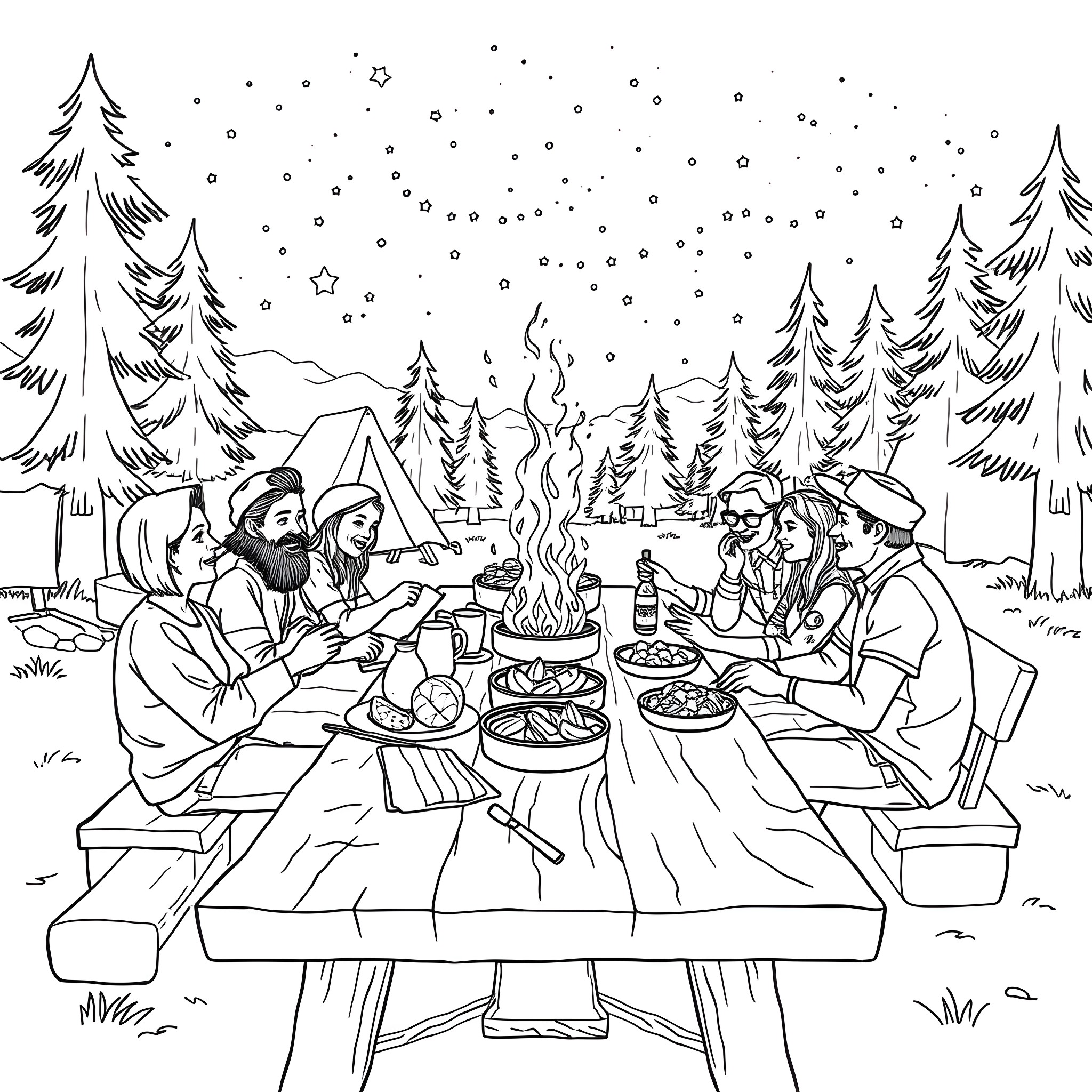 Campground scene with group enjoying a campfire Coloring Page (free black-and-white line drawing printable PDF for all, from beginners to advanced learners, including children, teens, adults, and seniors)