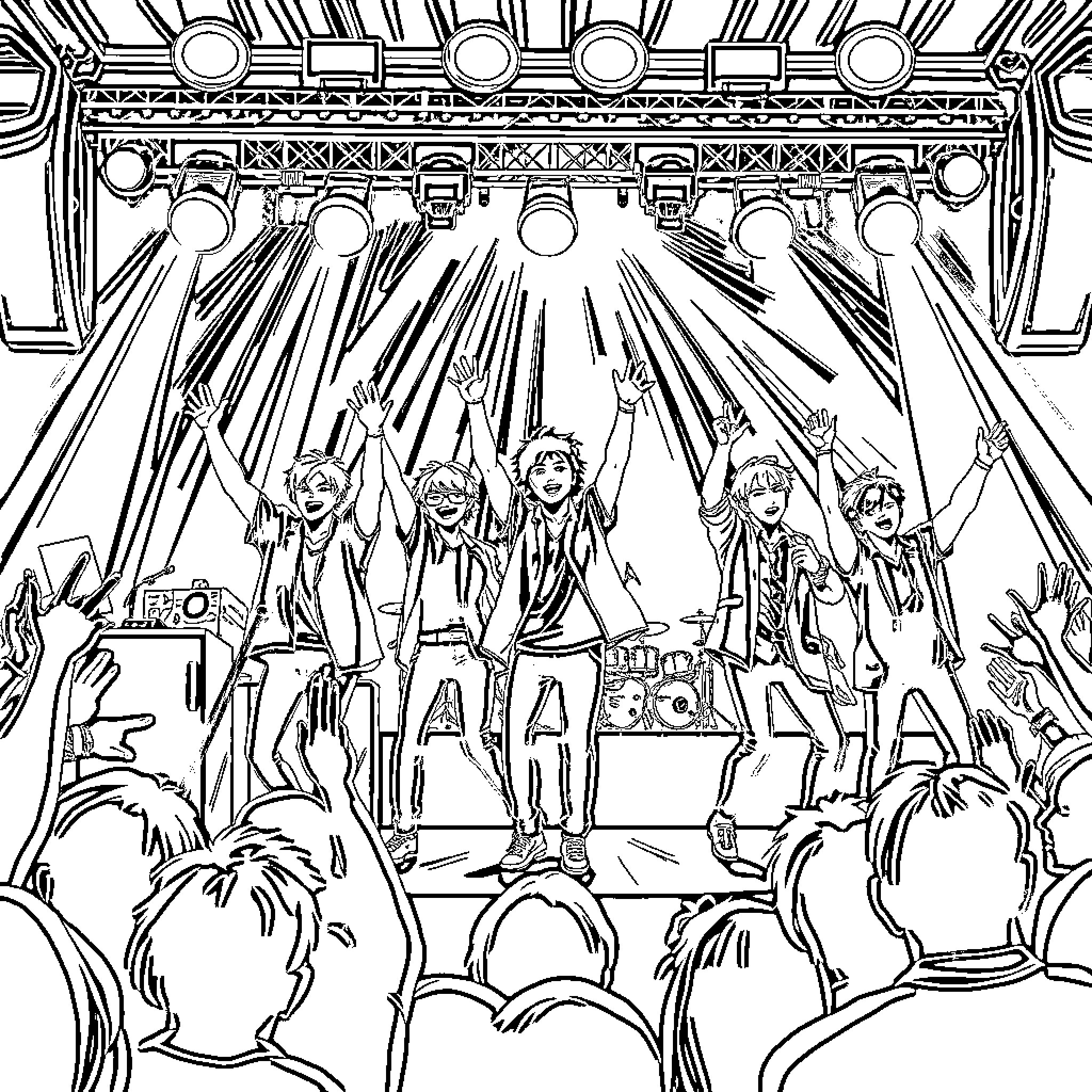 Stray Kids' Energetic Concert Performance Coloring Page (free black-and-white line drawing printable PDF for all, from beginners to advanced learners, including children, teens, adults, and seniors)