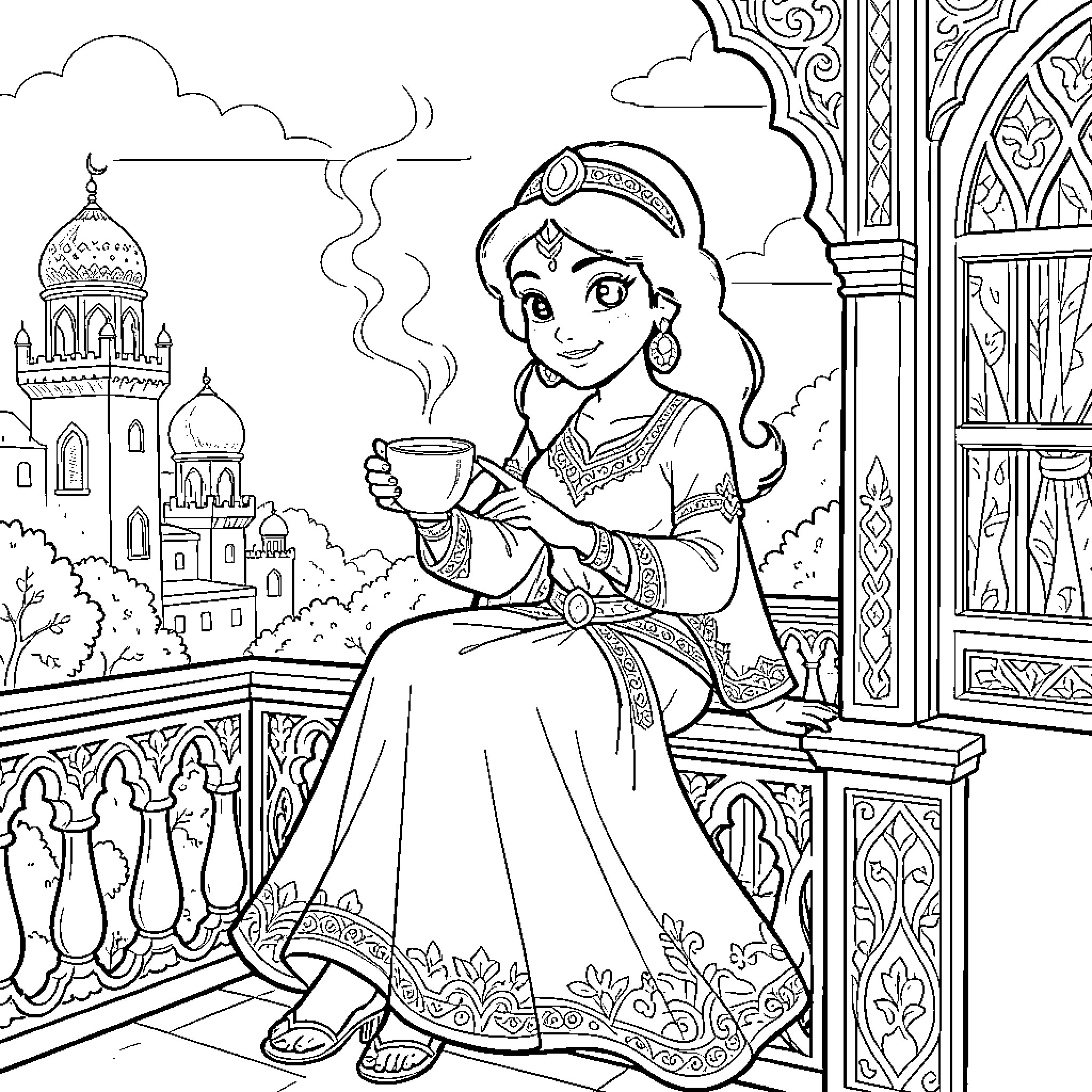 Jasmine enjoying a cup of tea on a balcony Coloring Page (free black-and-white line drawing printable PDF for all, from beginners to advanced learners, including children, teens, adults, and seniors)