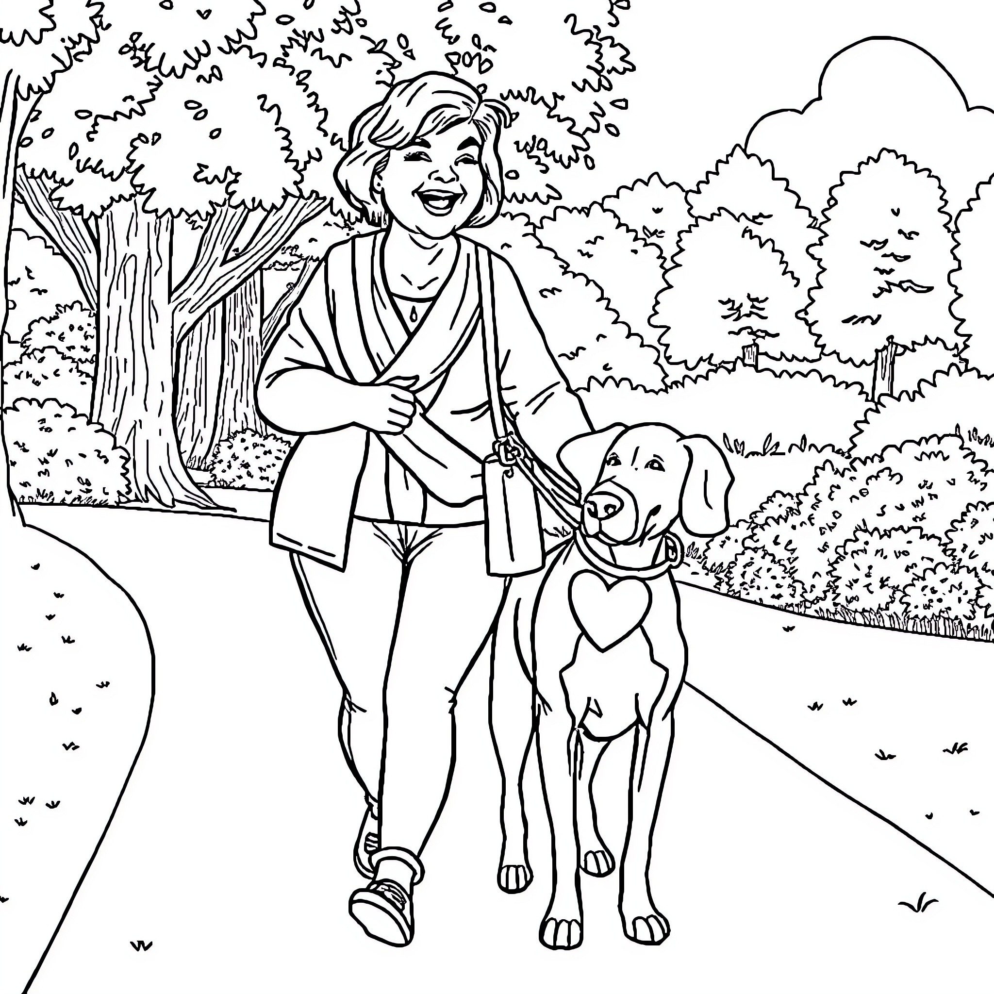 Whippet Walking with Owner in Scenic Park Coloring Page (free black-and-white line drawing printable PDF for all, from beginners to advanced learners, including children, teens, adults, and seniors)