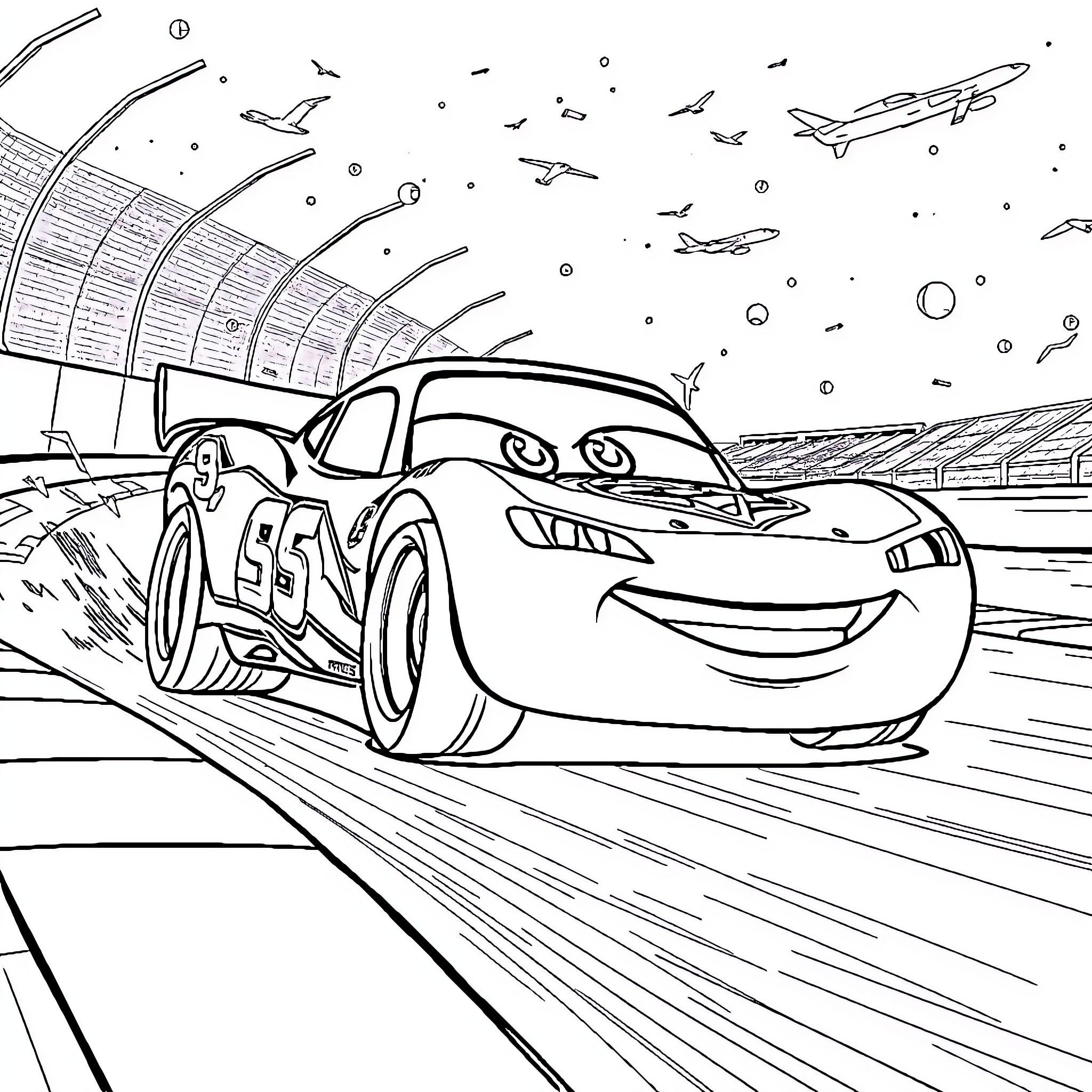 Rayo McQueen racing on the track Coloring Page (free black-and-white line drawing printable PDF for all, from beginners to advanced learners, including children, teens, adults, and seniors)