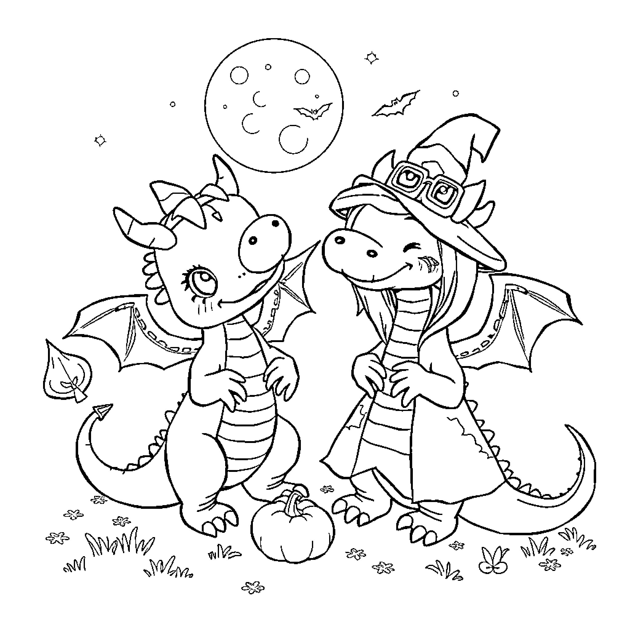 Dragon friends celebrating Halloween under the moon Coloring Page (free black-and-white line drawing printable PDF for all, from beginners to advanced learners, including children, teens, adults, and seniors)