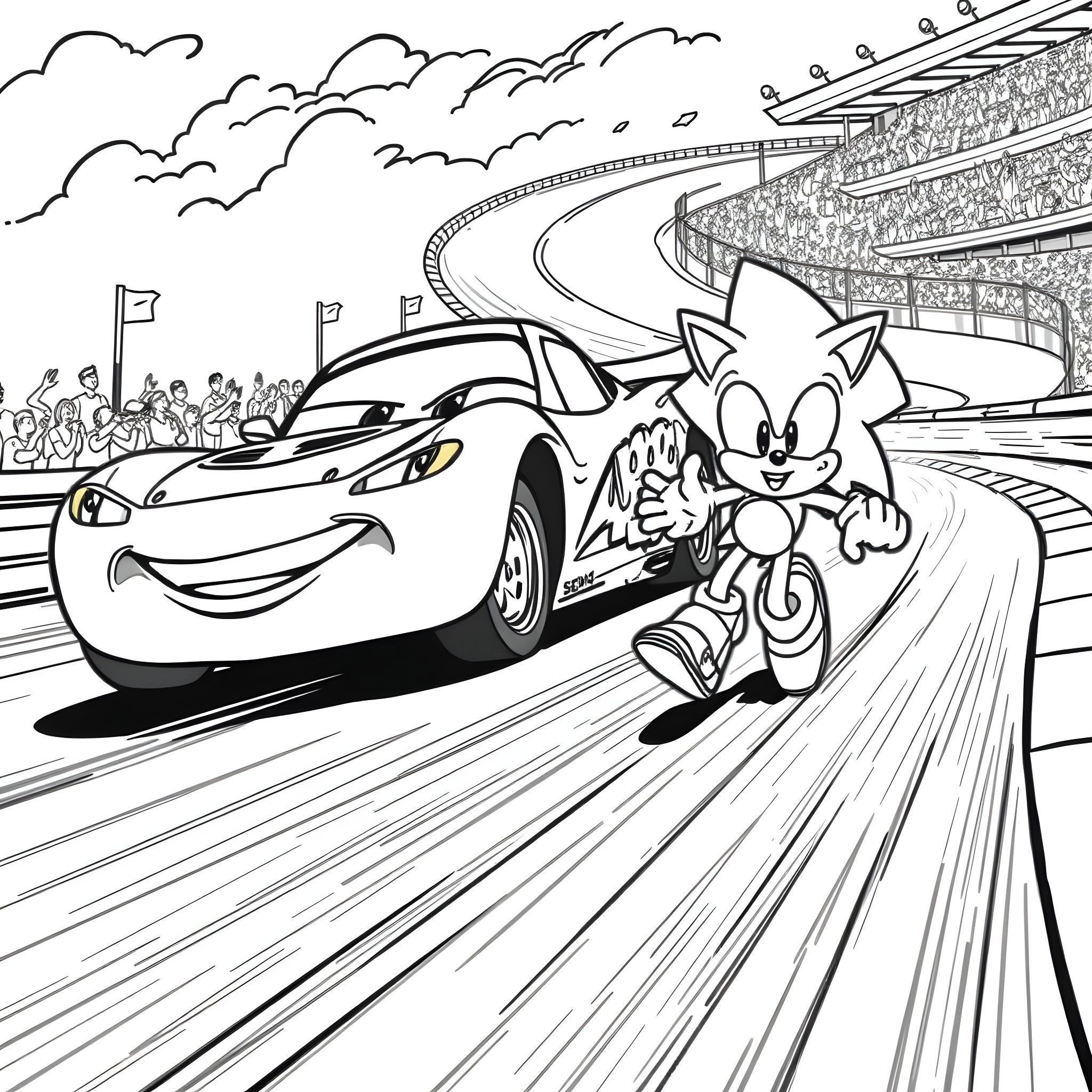 Sonic Racing with Lightning Car on Racetrack Coloring Page (free black-and-white line drawing printable PDF for all, from beginners to advanced learners, including children, teens, adults, and seniors)