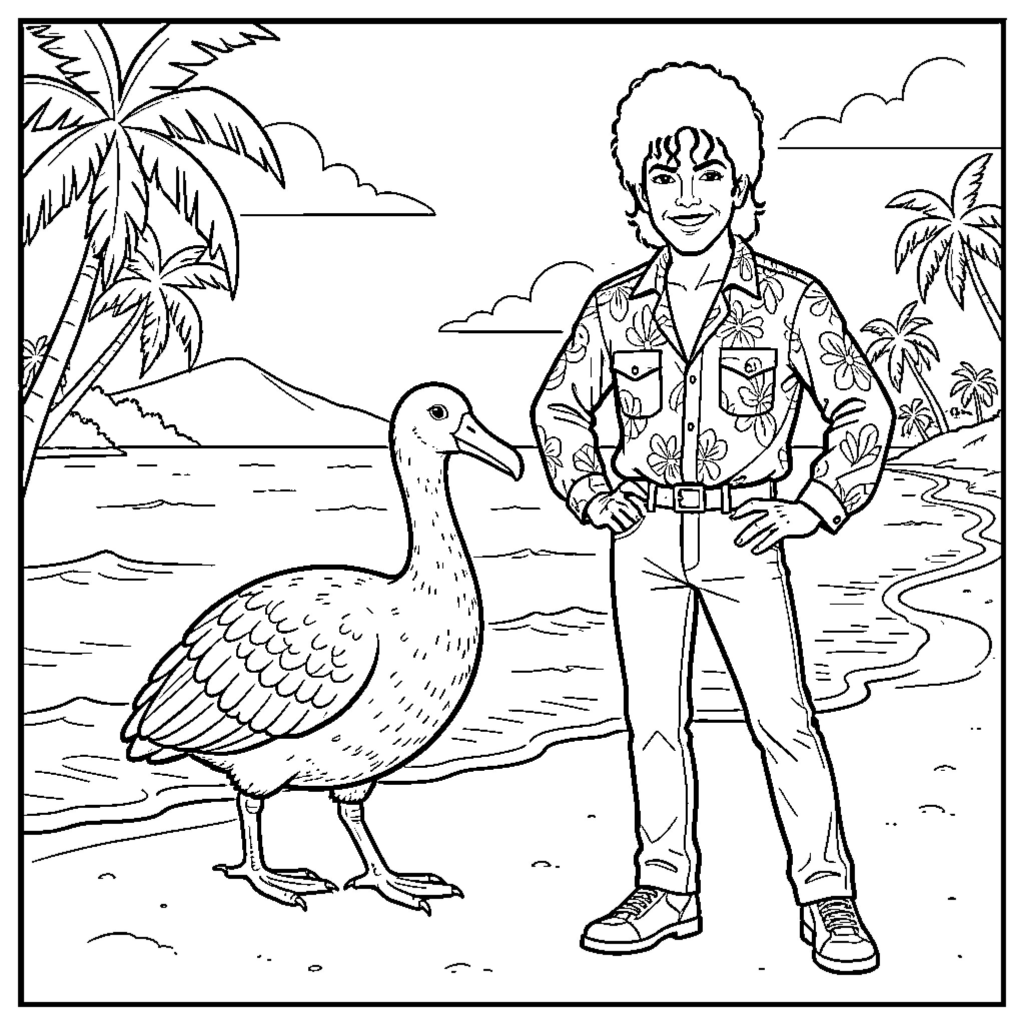 Dodo standing beside a man on a tropical beach Coloring Page (free black-and-white line drawing printable PDF for all, from beginners to advanced learners, including children, teens, adults, and seniors)