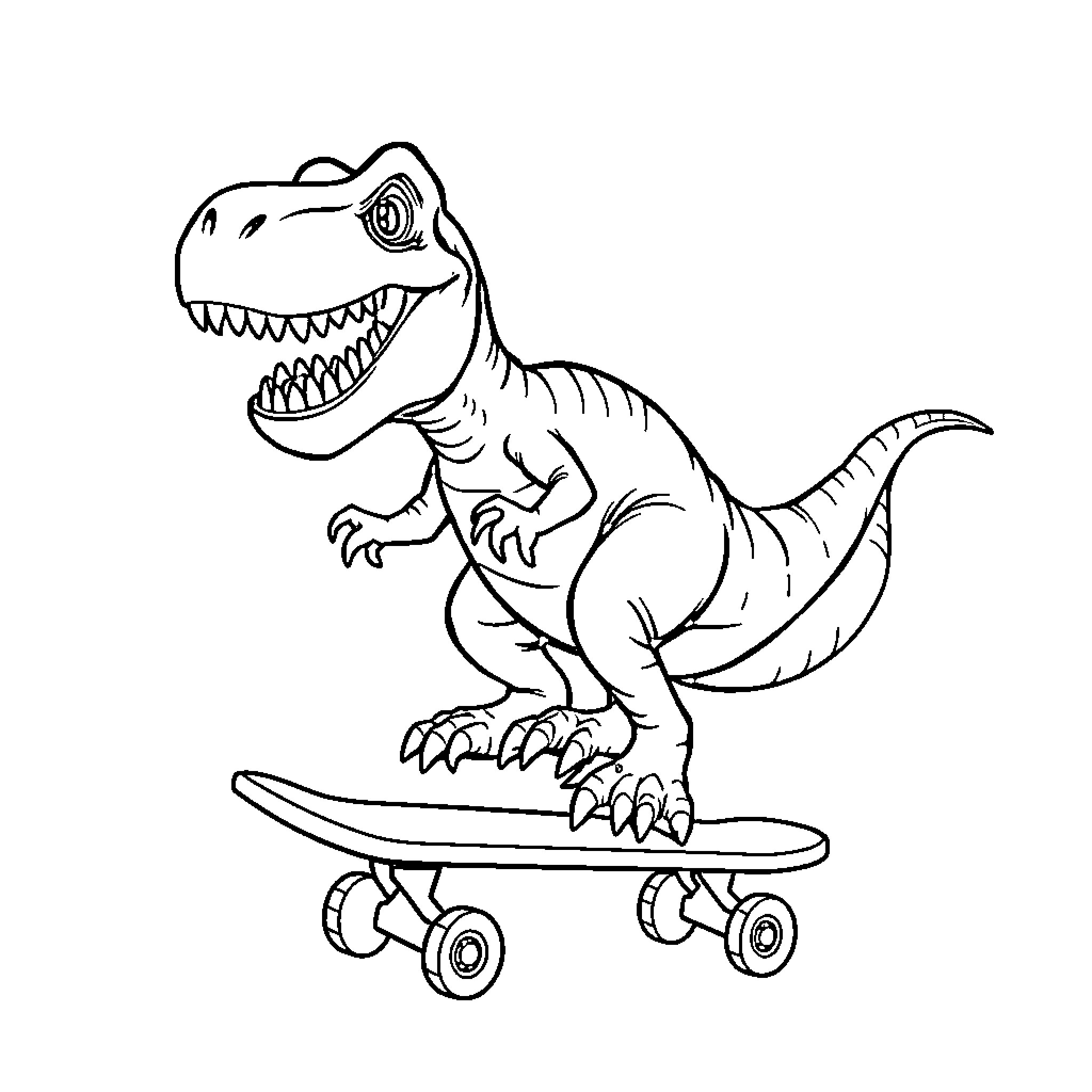 Tyrannosaurus Rex riding a skateboard Coloring Page (free black-and-white line drawing printable PDF for all, from beginners to advanced learners, including children, teens, adults, and seniors)