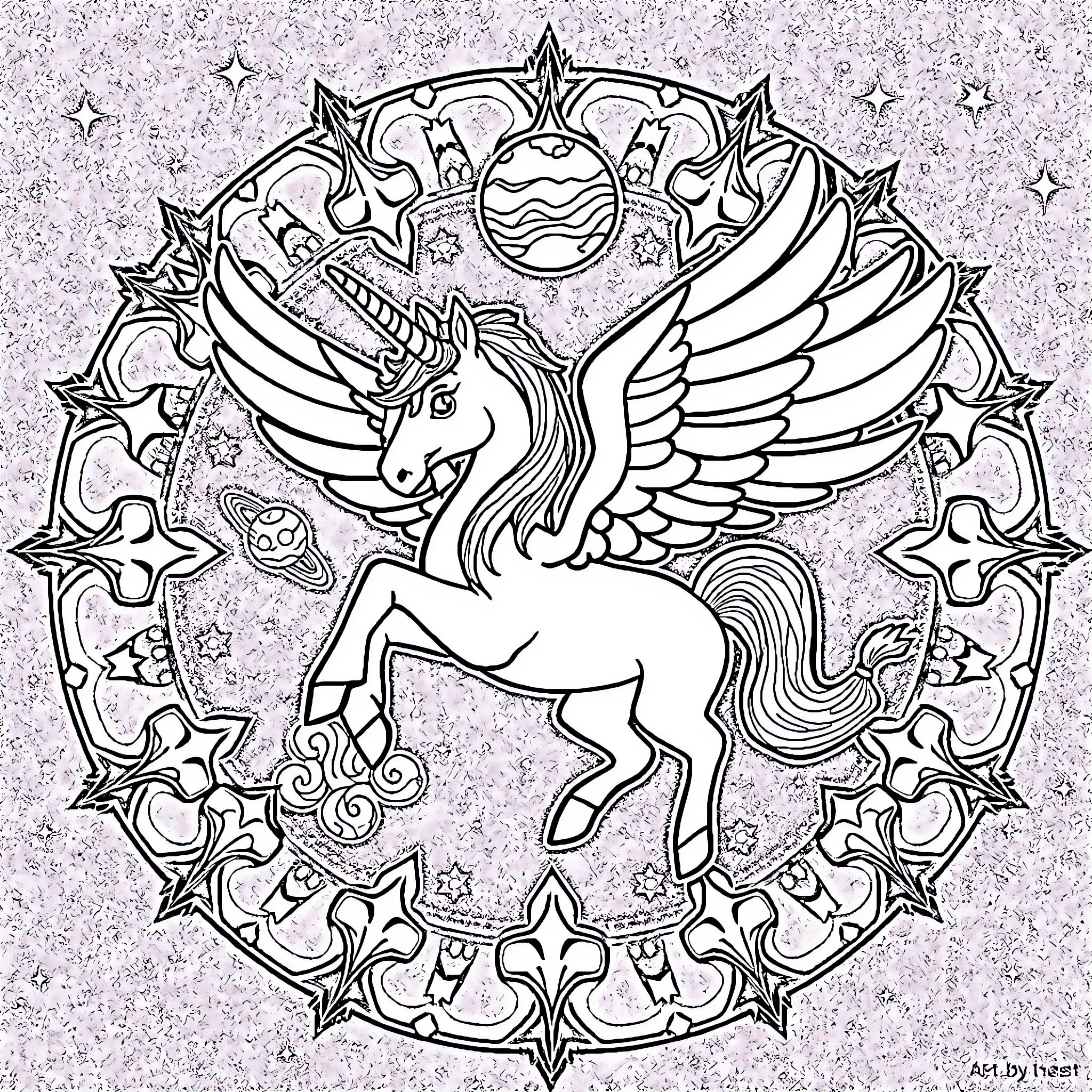 Unicorn with Winged Majesty in Celestial Setting Coloring Page (free black-and-white line drawing printable PDF for all, from beginners to advanced learners, including children, teens, adults, and seniors)