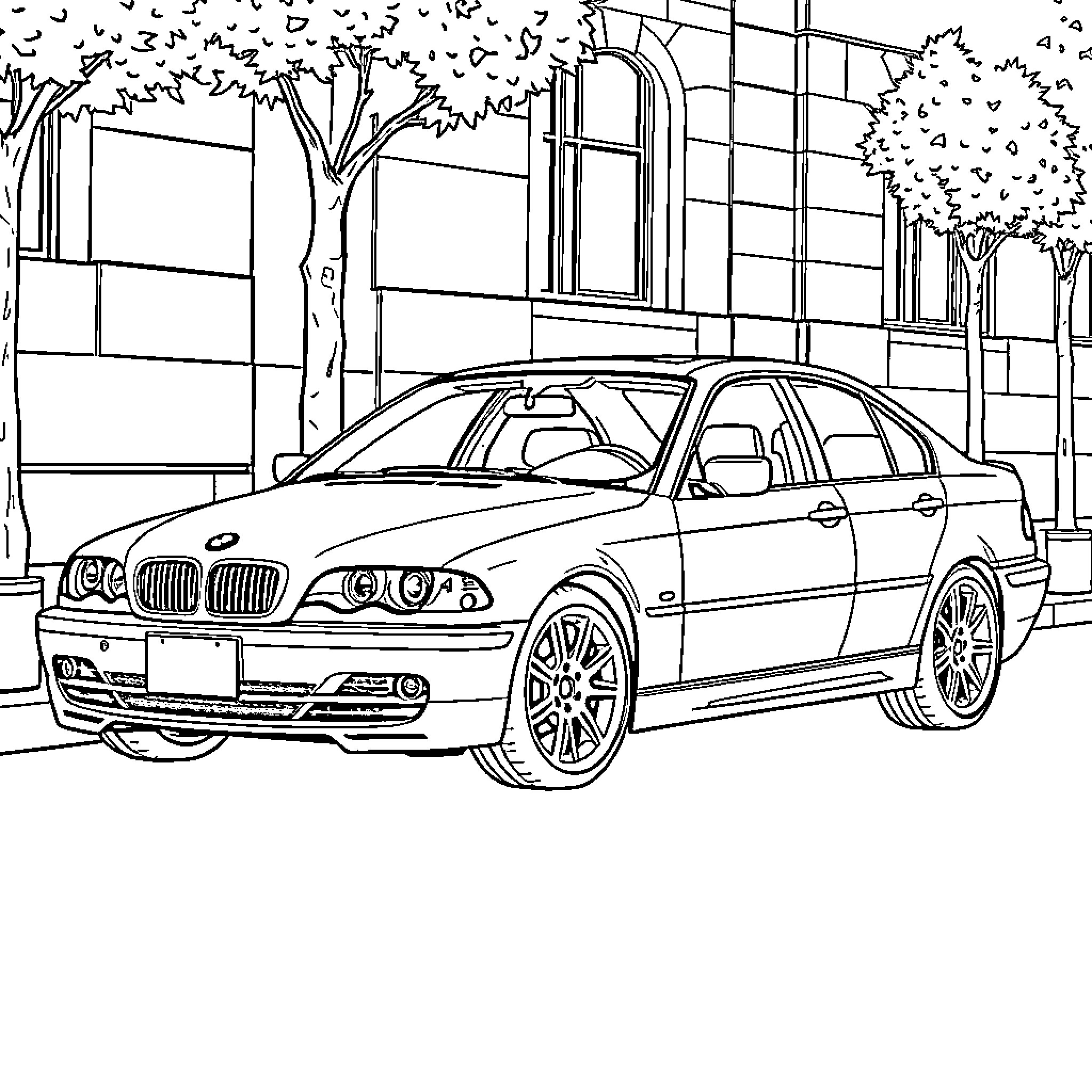 BMW Car Parked on City Street Coloring Page (free black-and-white line drawing printable PDF for all, from beginners to advanced learners, including children, teens, adults, and seniors)