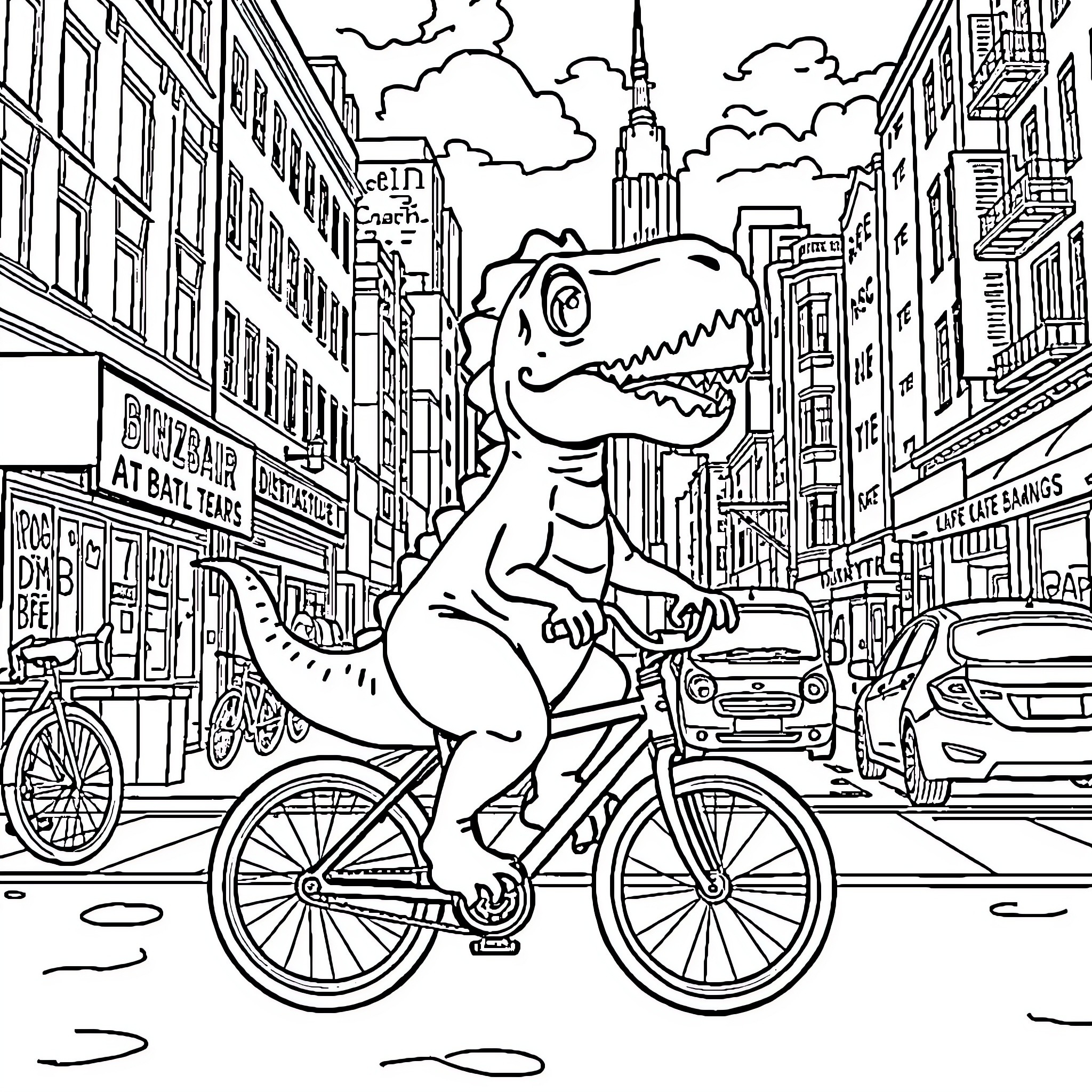 Dinosaur riding a bicycle through the city Coloring Page (free black-and-white line drawing printable PDF for all, from beginners to advanced learners, including children, teens, adults, and seniors)