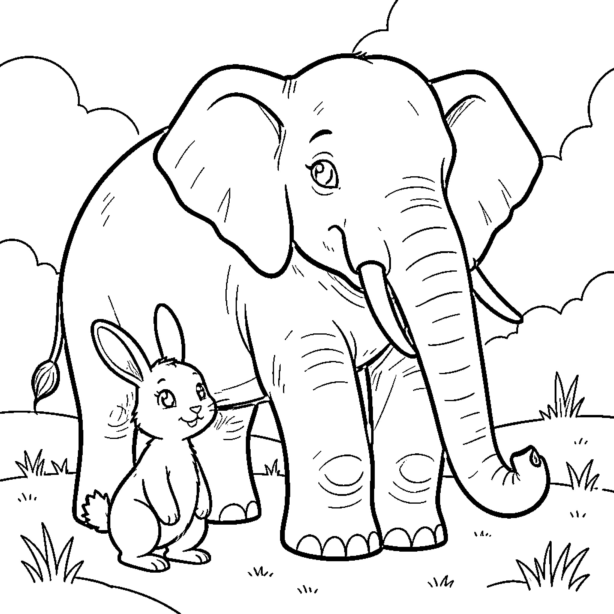 Conejo and Elephant Exploring the Outdoors Coloring Page (free black-and-white line drawing printable PDF for all, from beginners to advanced learners, including children, teens, adults, and seniors)