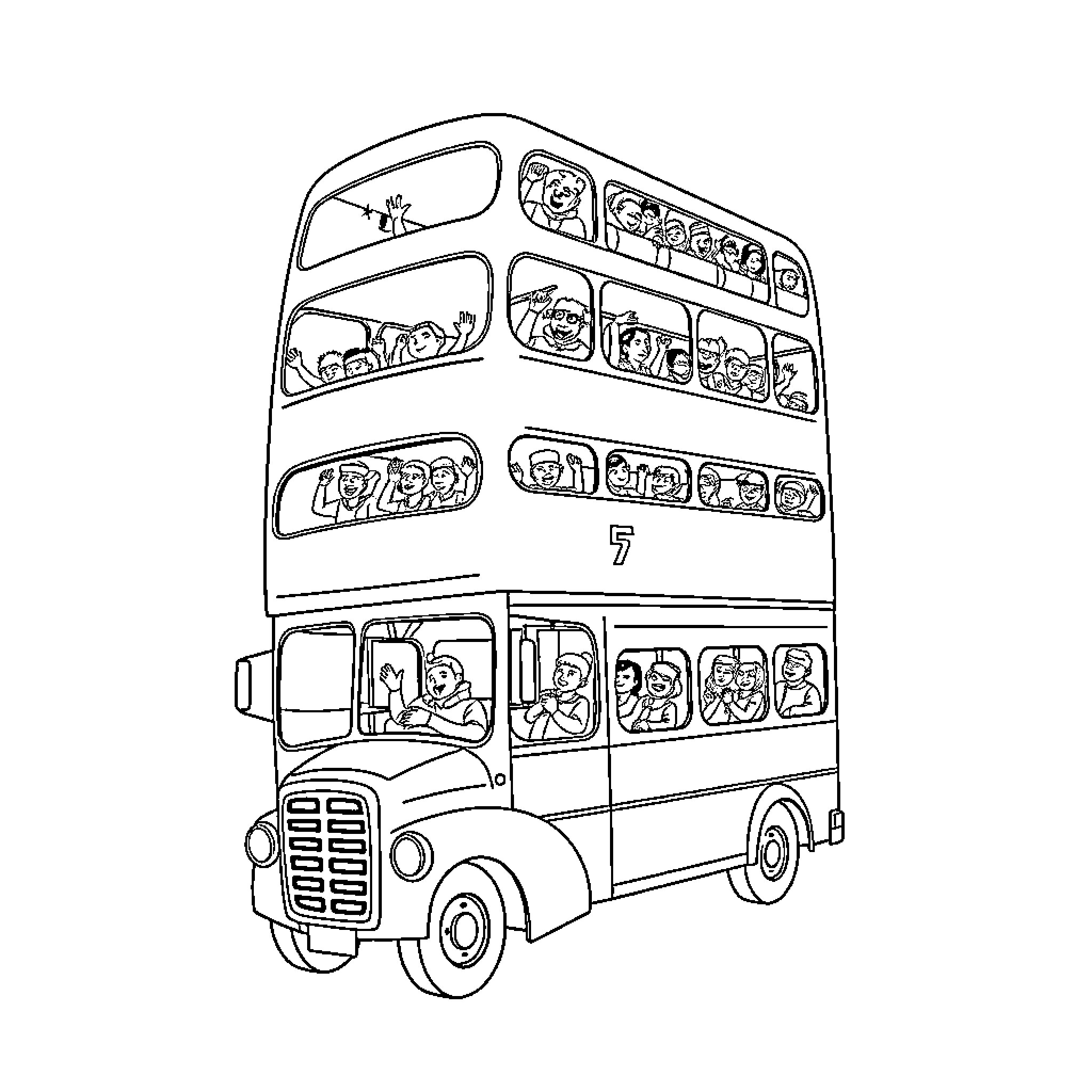 Bus with passengers of various expressions and outfits Coloring Page (free black-and-white line drawing printable PDF for all, from beginners to advanced learners, including children, teens, adults, and seniors)