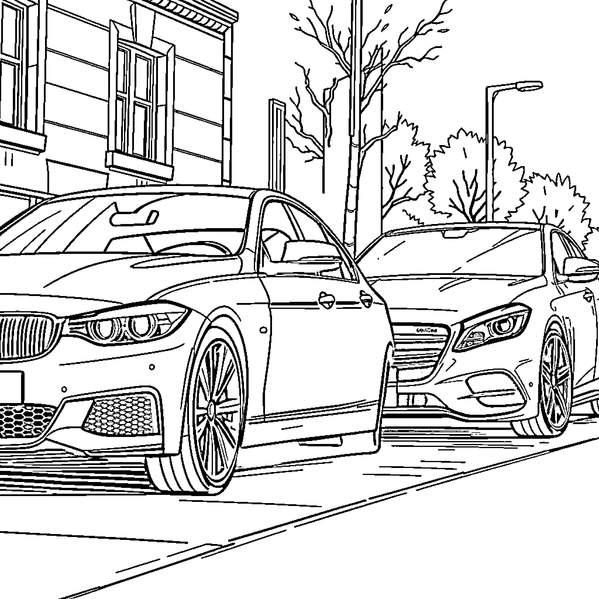 Cars parked on city street with trees Coloring Page (free black-and-white line drawing printable PDF for all, from beginners to advanced learners, including children, teens, adults, and seniors)