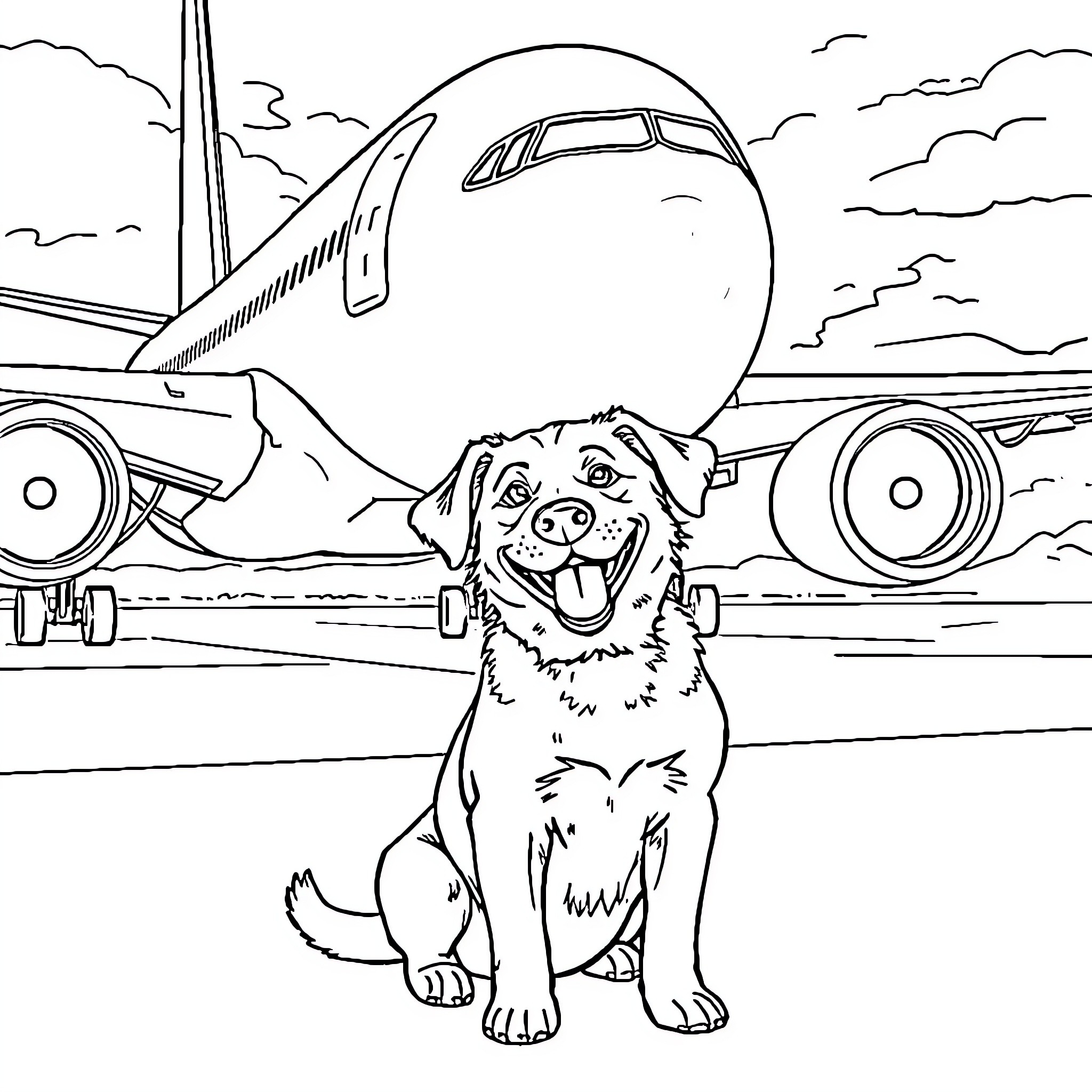 Dog joyfully greets airplane at the airport Coloring Page (free black-and-white line drawing printable PDF for all, from beginners to advanced learners, including children, teens, adults, and seniors)
