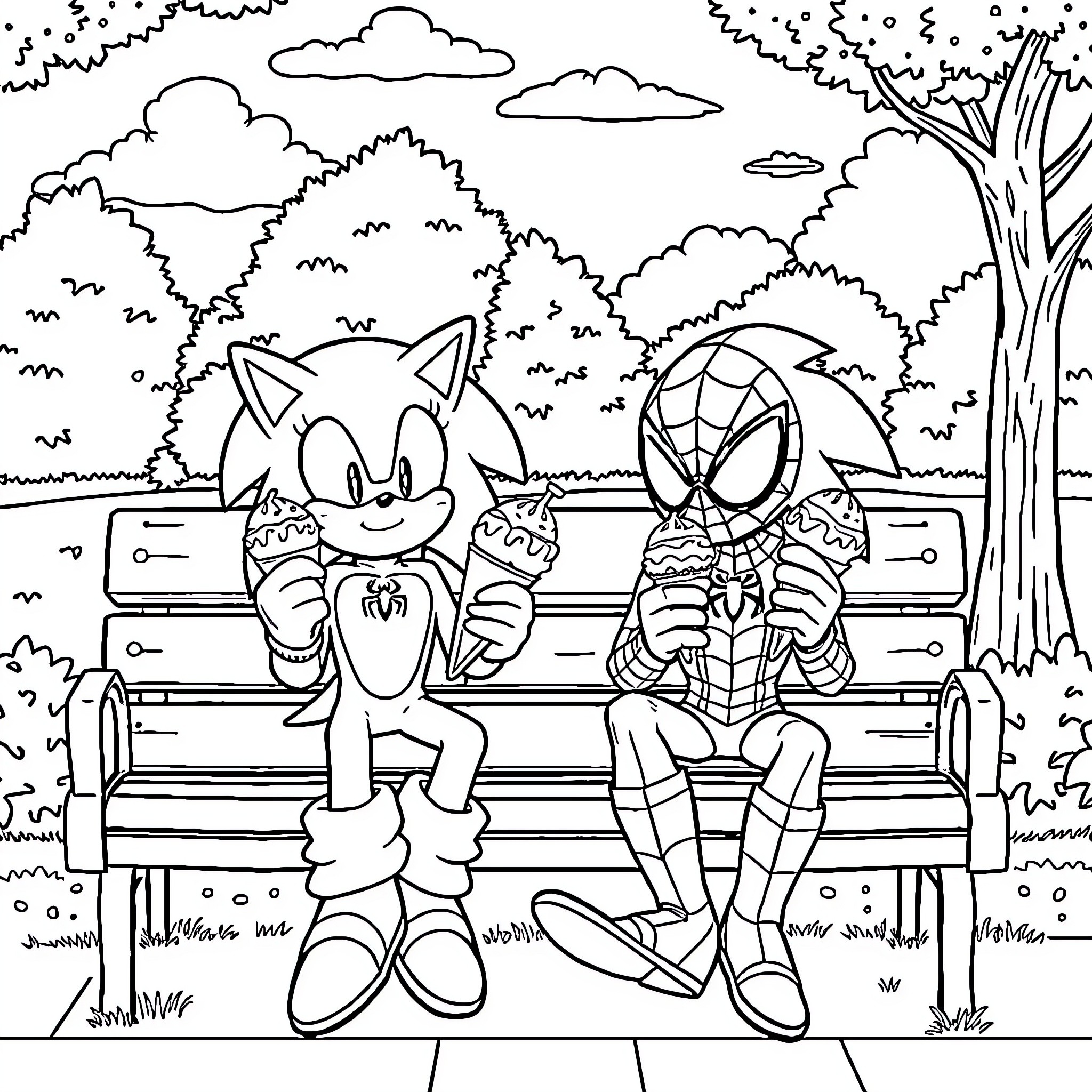 Sonic and Spider-Man relaxing on a park bench Coloring Page (free black-and-white line drawing printable PDF for all, from beginners to advanced learners, including children, teens, adults, and seniors)