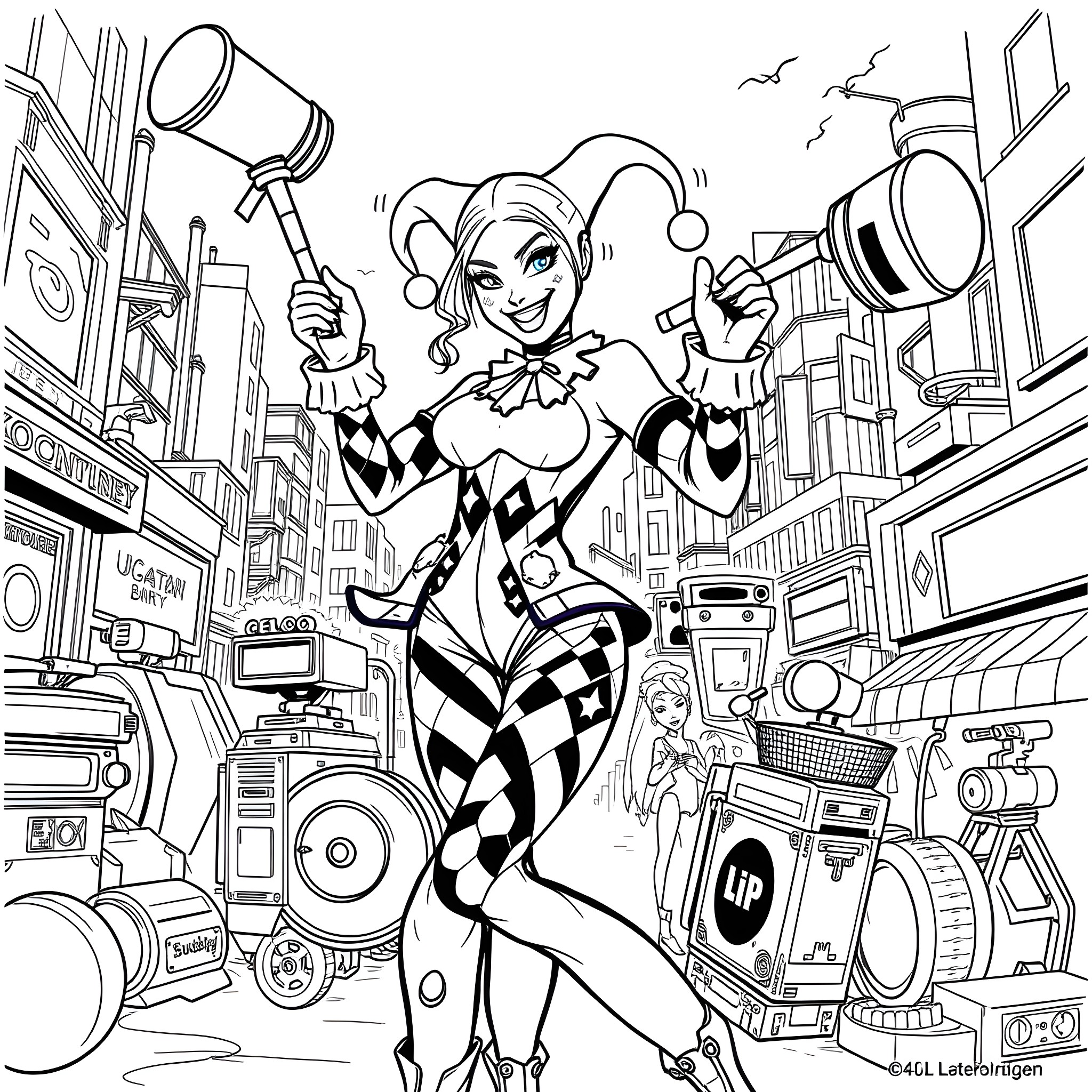 Harley Quinn's Chaotic Cityscape Adventure Coloring Page (free black-and-white line drawing printable PDF for all, from beginners to advanced learners, including children, teens, adults, and seniors)