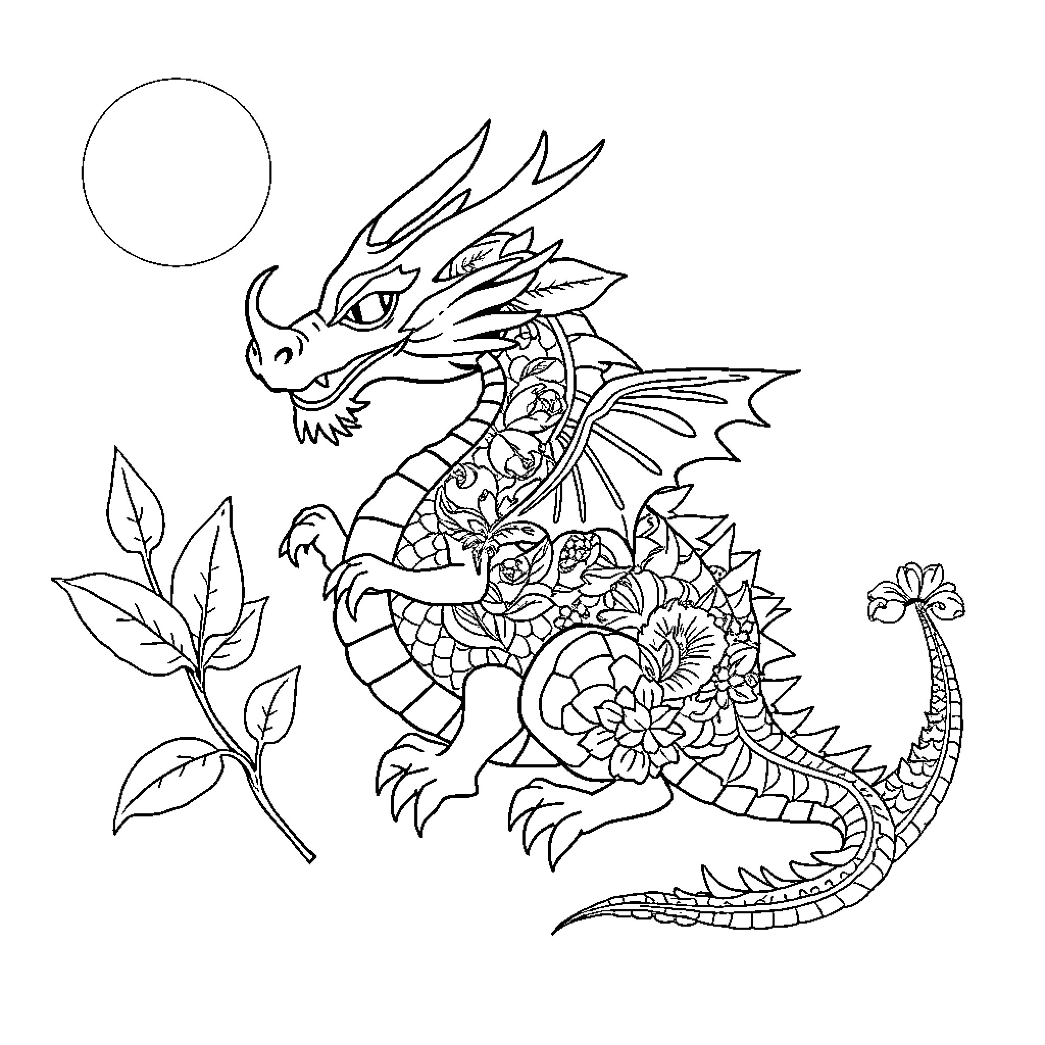 Dragon with intricate patterns and decorative elements Coloring Page (free black-and-white line drawing printable PDF for all, from beginners to advanced learners, including children, teens, adults, and seniors)