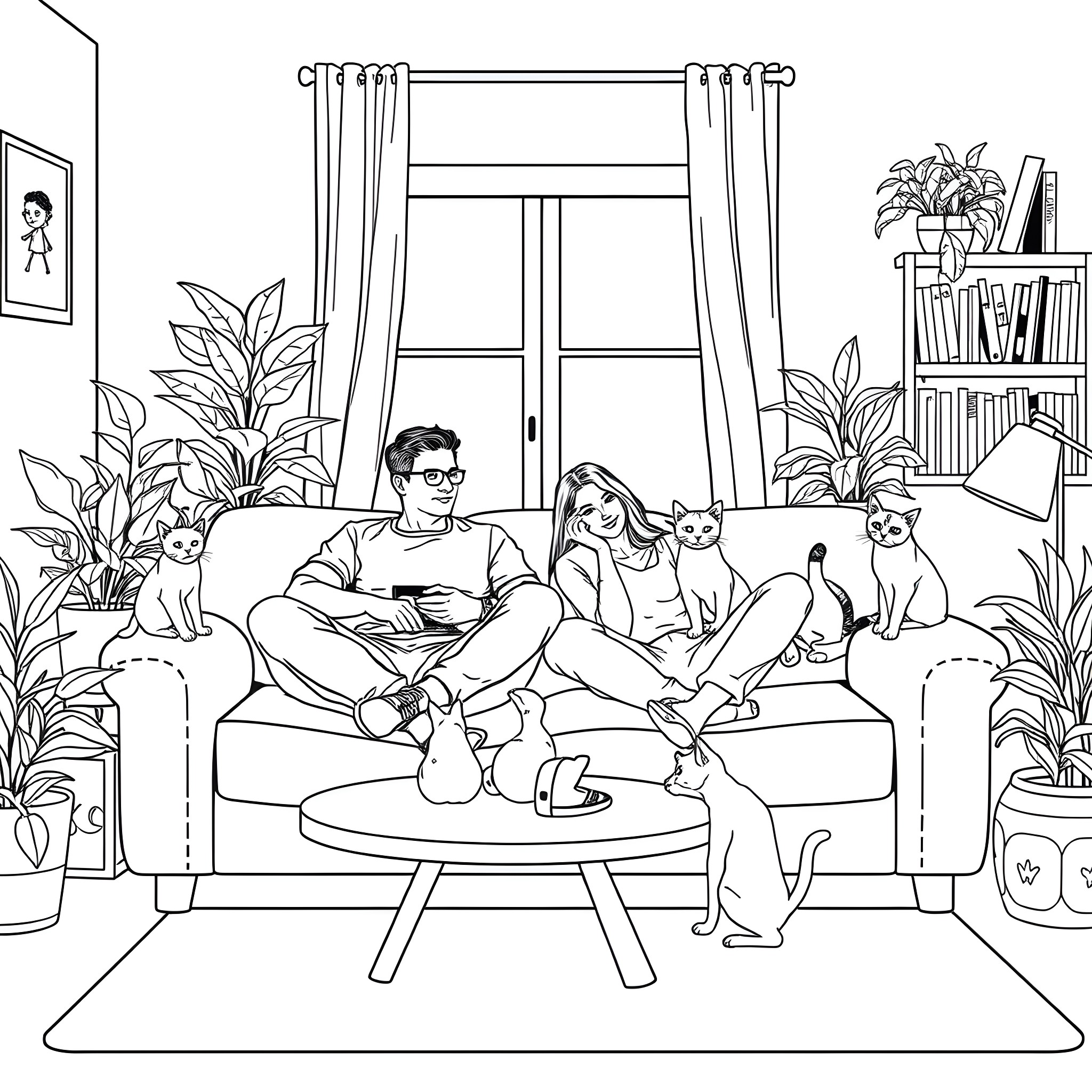 Cat family relaxing at home with their owners Coloring Page (free black-and-white line drawing printable PDF for all, from beginners to advanced learners, including children, teens, adults, and seniors)