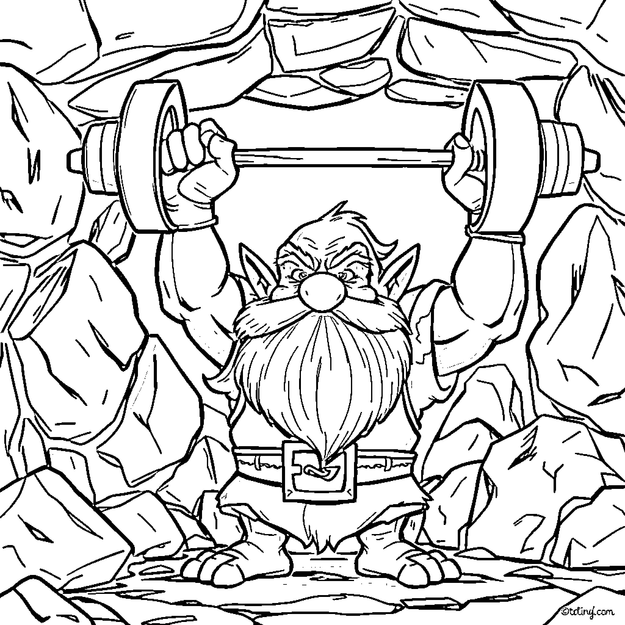 Gimli the Dwarf Lifting Weights in a Rugged Landscape Coloring Page (free black-and-white line drawing printable PDF for all, from beginners to advanced learners, including children, teens, adults, and seniors)