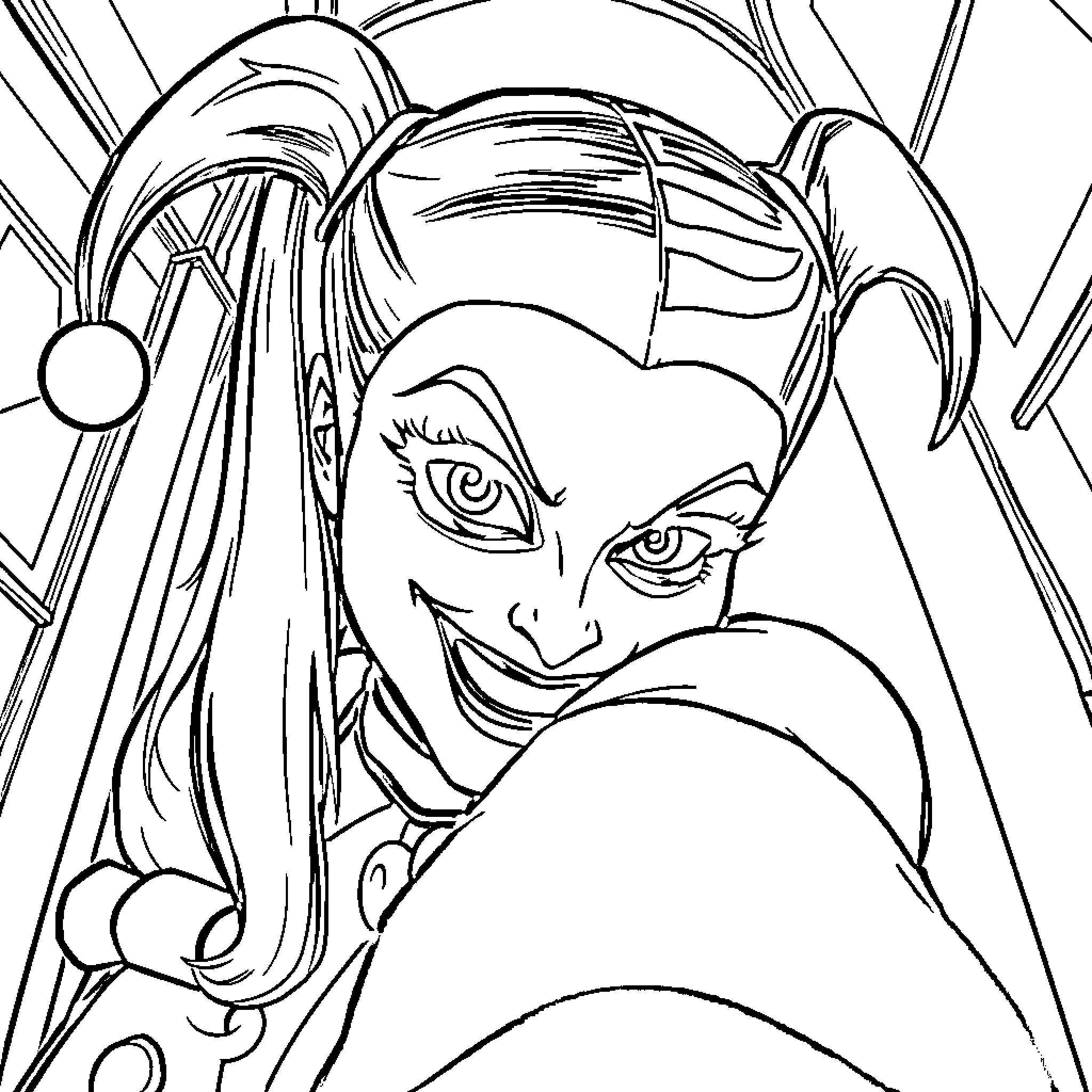Harley Quinn: Mischievous Villain in Action Coloring Page (free black-and-white line drawing printable PDF for all, from beginners to advanced learners, including children, teens, adults, and seniors)