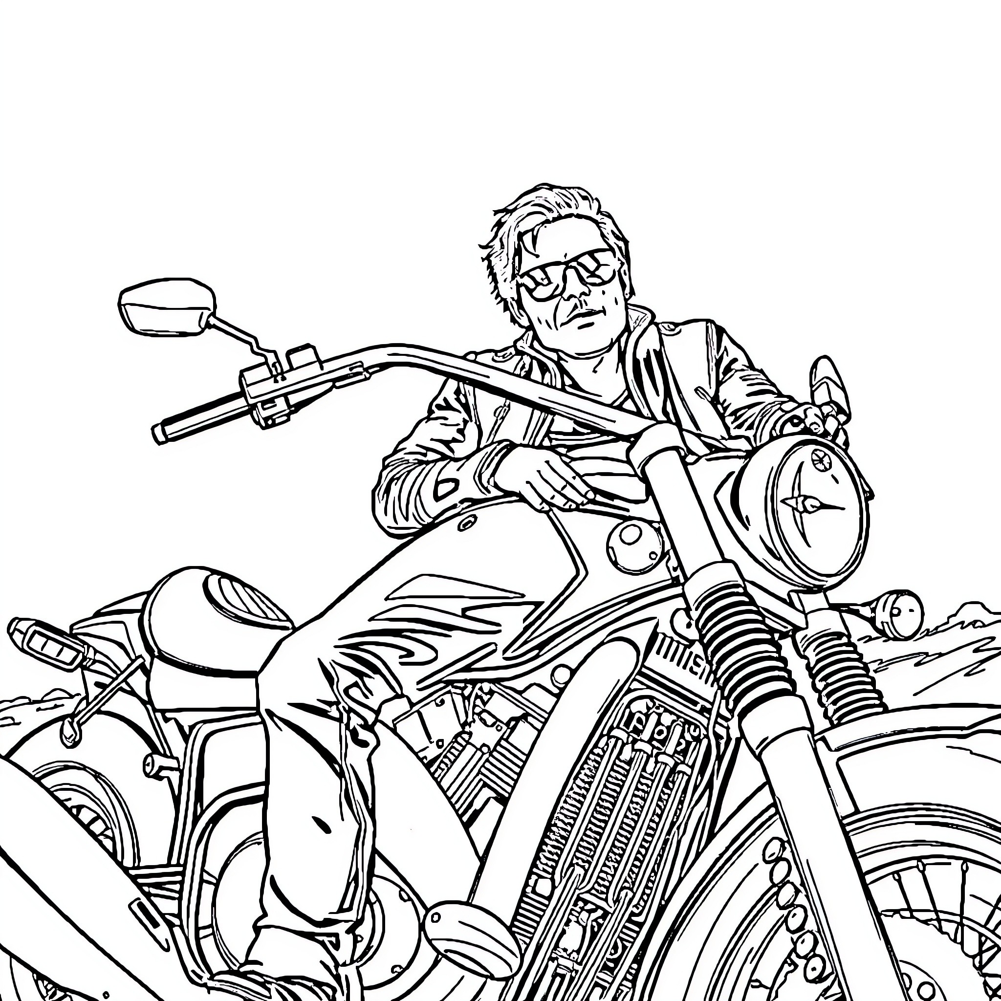 Bucky Barnes riding a motorcycle in action Coloring Page (free black-and-white line drawing printable PDF for all, from beginners to advanced learners, including children, teens, adults, and seniors)
