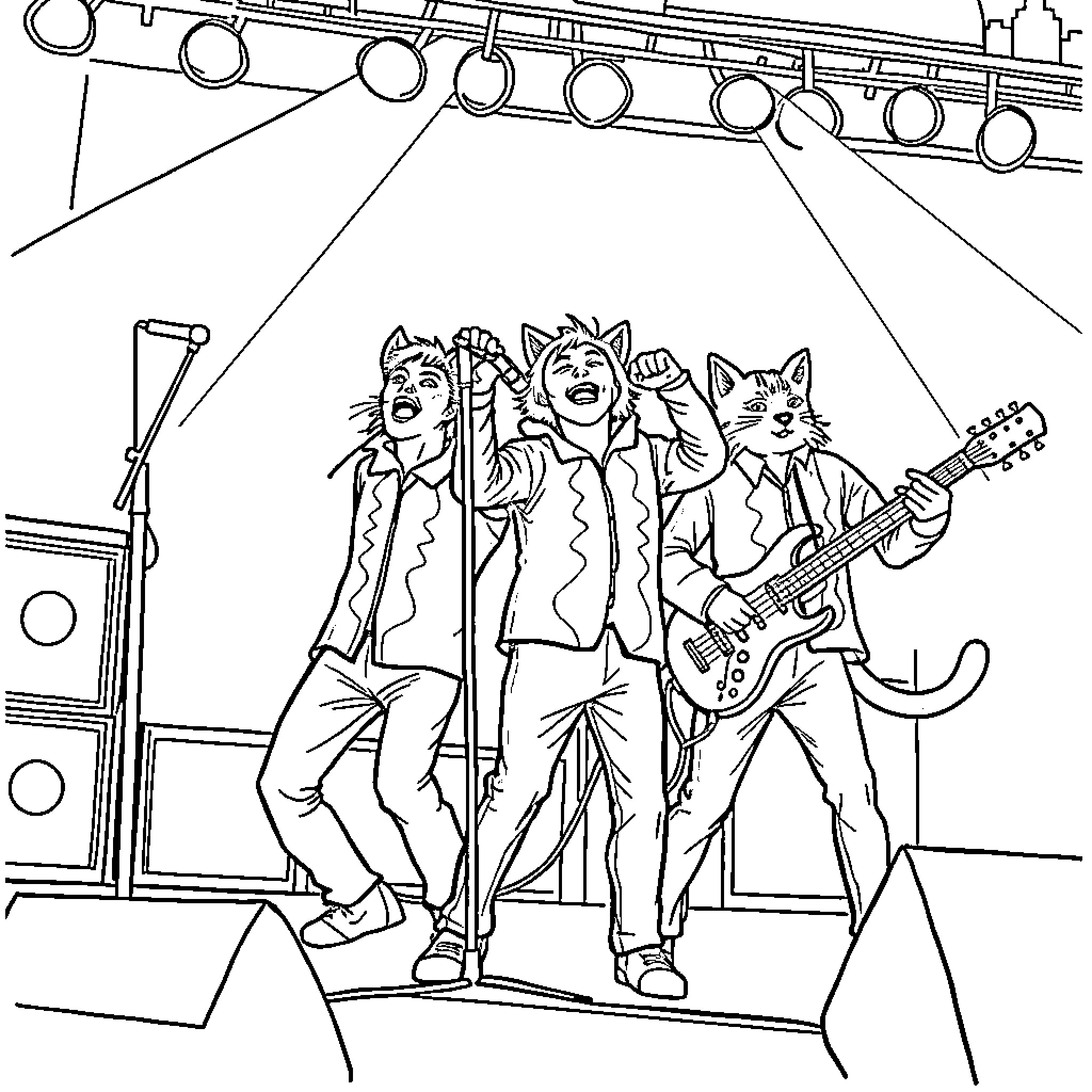 Hanson Band Members Performing on Stage Coloring Page (free black-and-white line drawing printable PDF for all, from beginners to advanced learners, including children, teens, adults, and seniors)