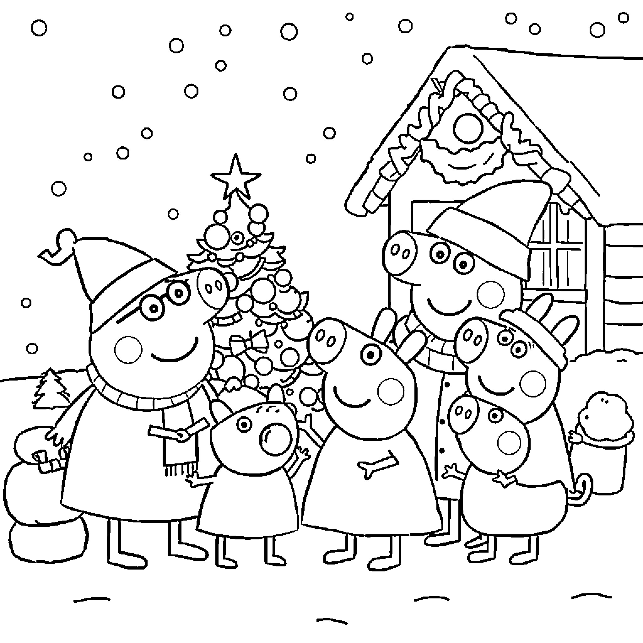 Peppa Pig family celebrating Christmas together Coloring Page (free black-and-white line drawing printable PDF for all, from beginners to advanced learners, including children, teens, adults, and seniors)