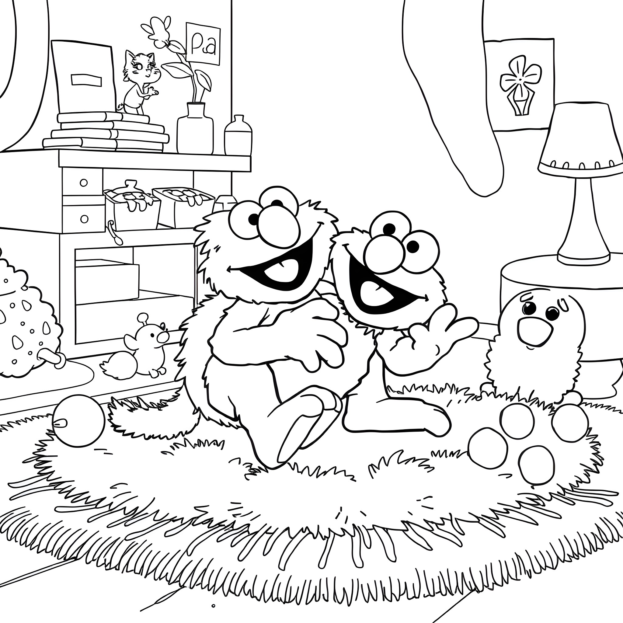 Elmo and Friends Enjoying a Cozy Home Coloring Page (free black-and-white line drawing printable PDF for all, from beginners to advanced learners, including children, teens, adults, and seniors)