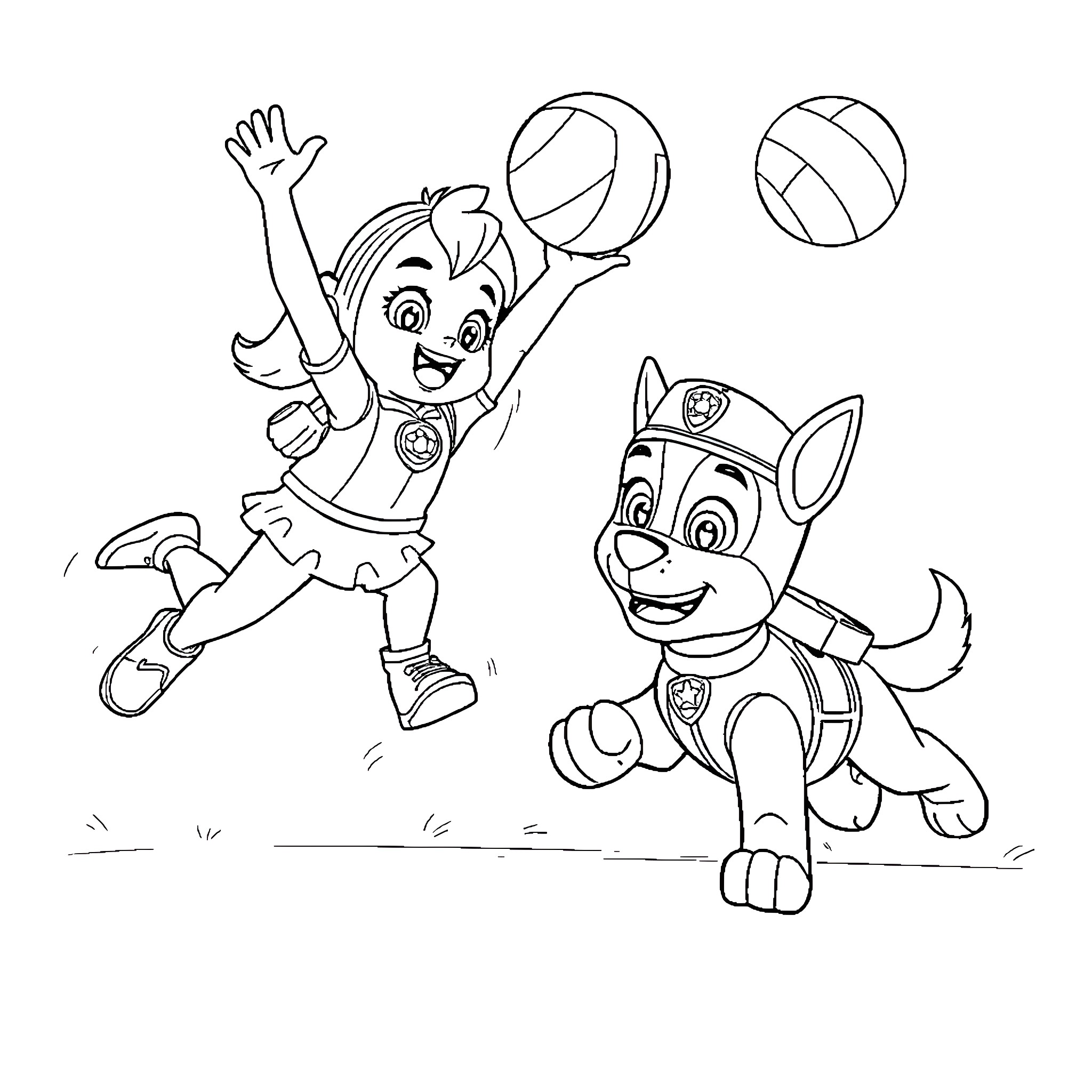 Skye and Rubble playing with a ball Coloring Page (free black-and-white line drawing printable PDF for all, from beginners to advanced learners, including children, teens, adults, and seniors)