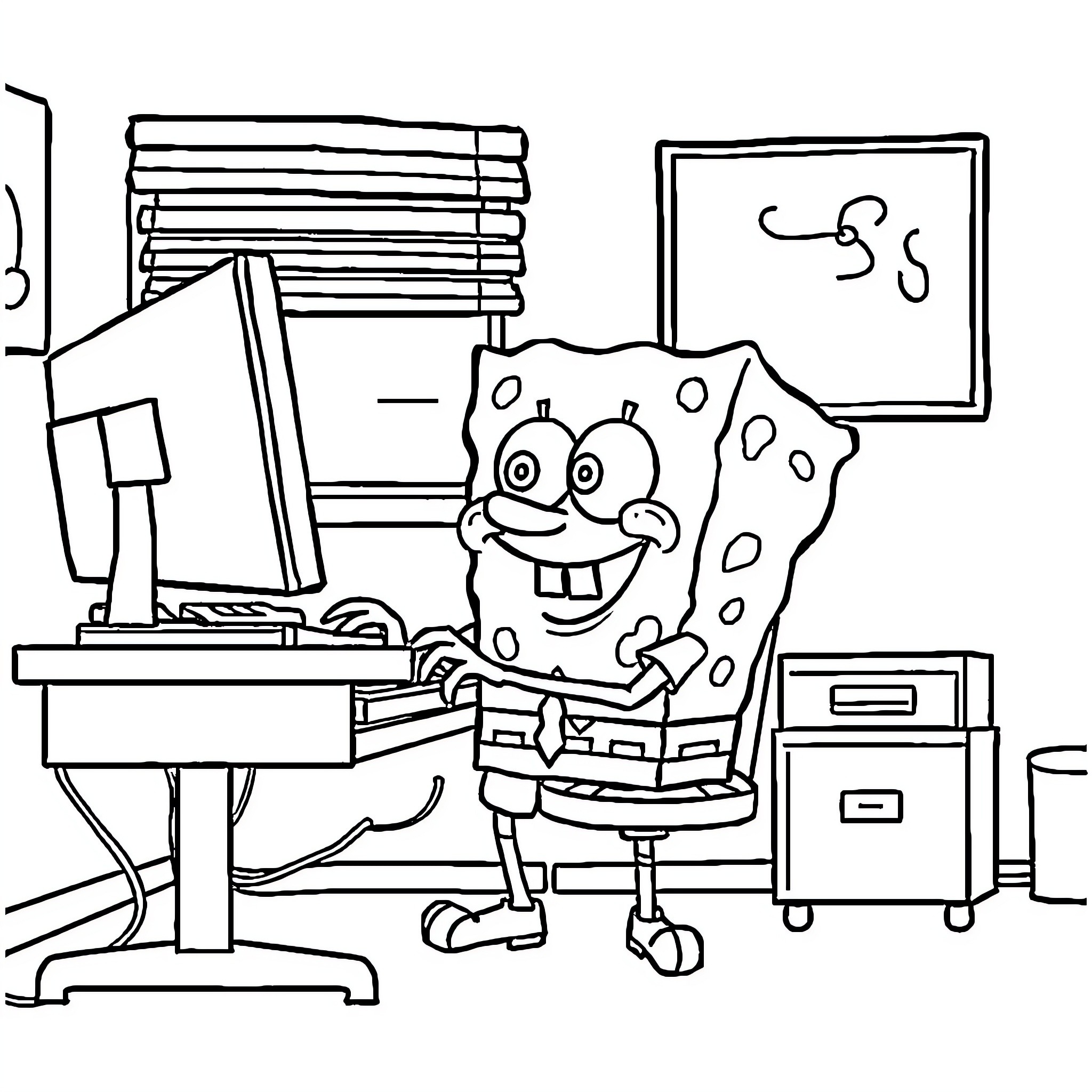 Spongebob working happily at his computer Coloring Page (free black-and-white line drawing printable PDF for all, from beginners to advanced learners, including children, teens, adults, and seniors)