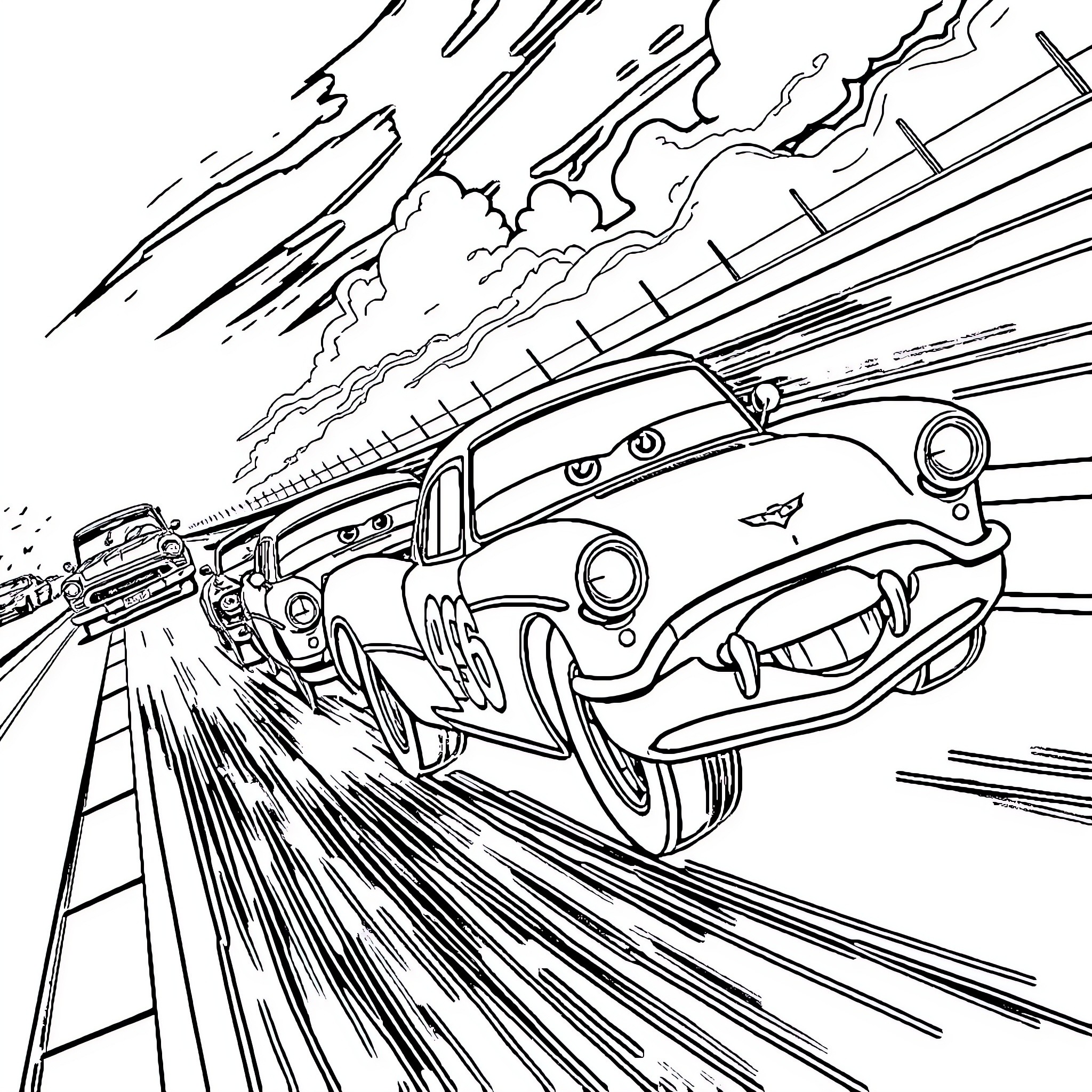 Car speeding down a turbulent road Coloring Page (free black-and-white line drawing printable PDF for all, from beginners to advanced learners, including children, teens, adults, and seniors)