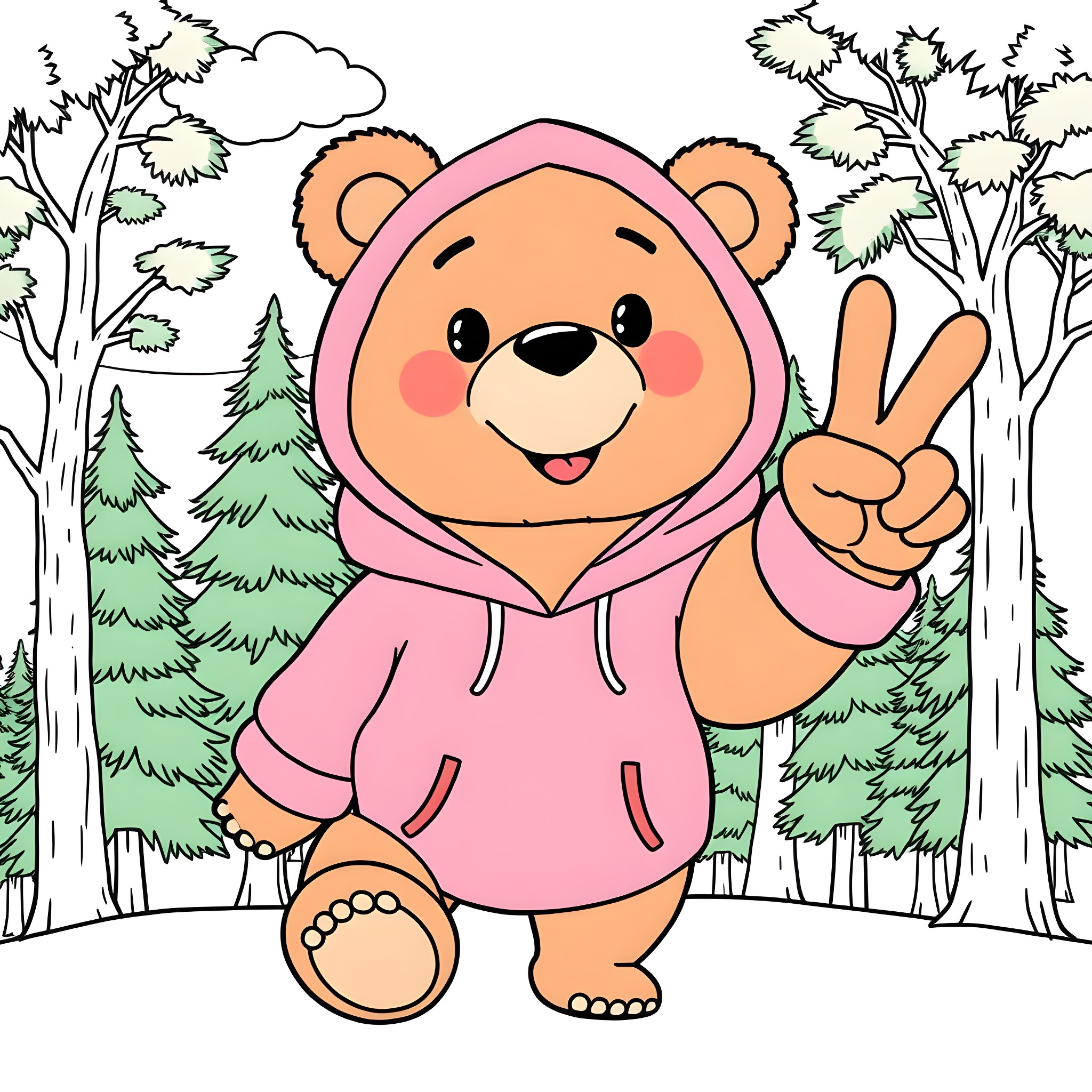 Bear wearing a hooded jacket in the forest Coloring Page (free black-and-white line drawing printable PDF for all, from beginners to advanced learners, including children, teens, adults, and seniors)
