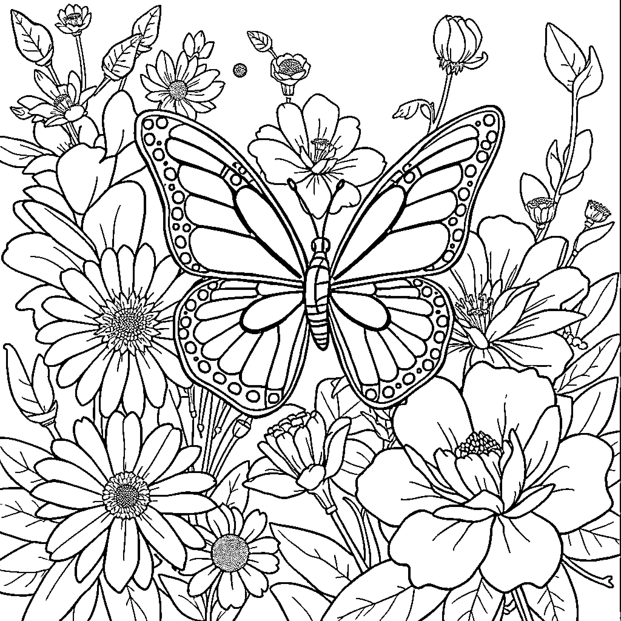Papillon exploring the floral garden Coloring Page (free black-and-white line drawing printable PDF for all, from beginners to advanced learners, including children, teens, adults, and seniors)