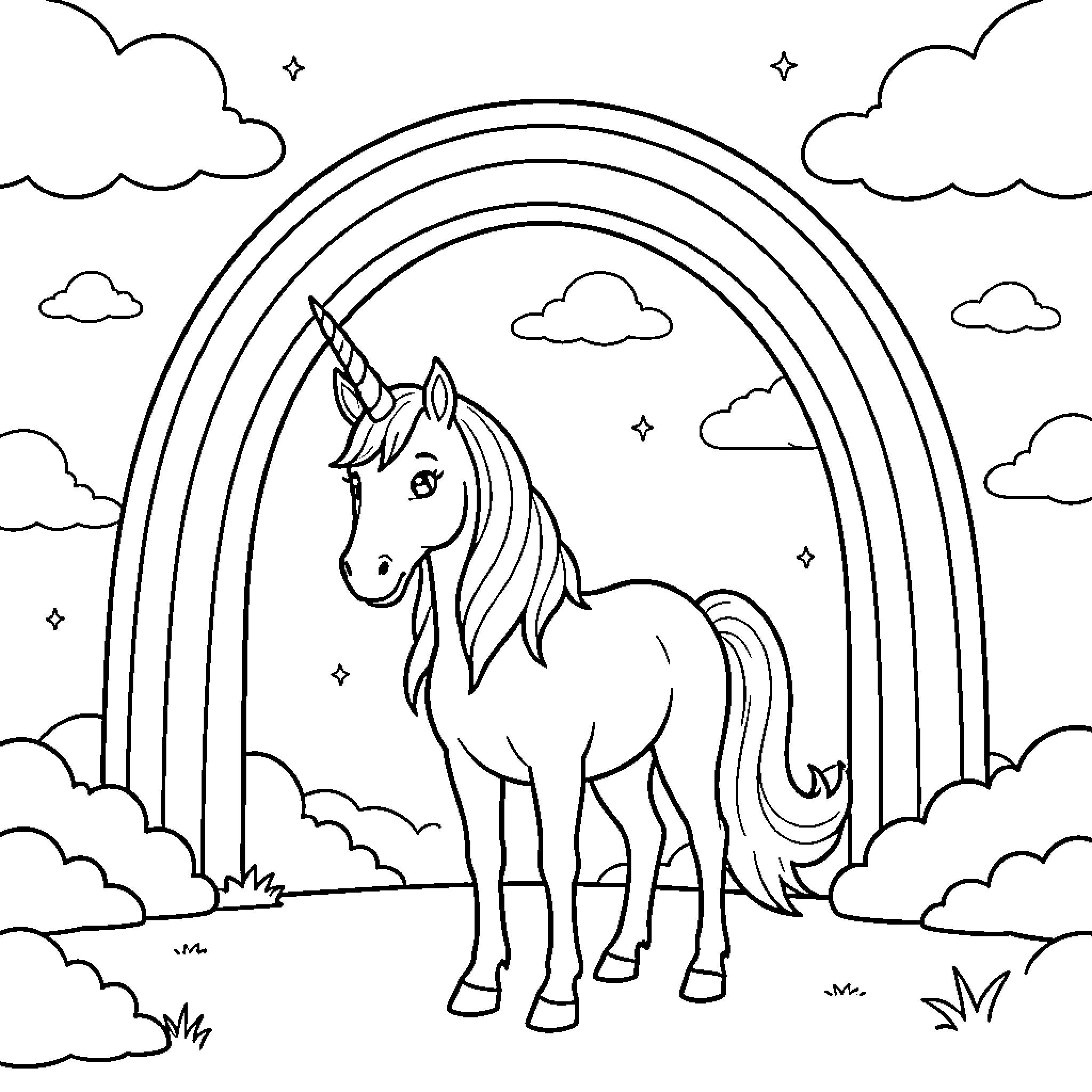 Unicorn standing peacefully under a large rainbow Coloring Page (free black-and-white line drawing printable PDF for all, from beginners to advanced learners, including children, teens, adults, and seniors)
