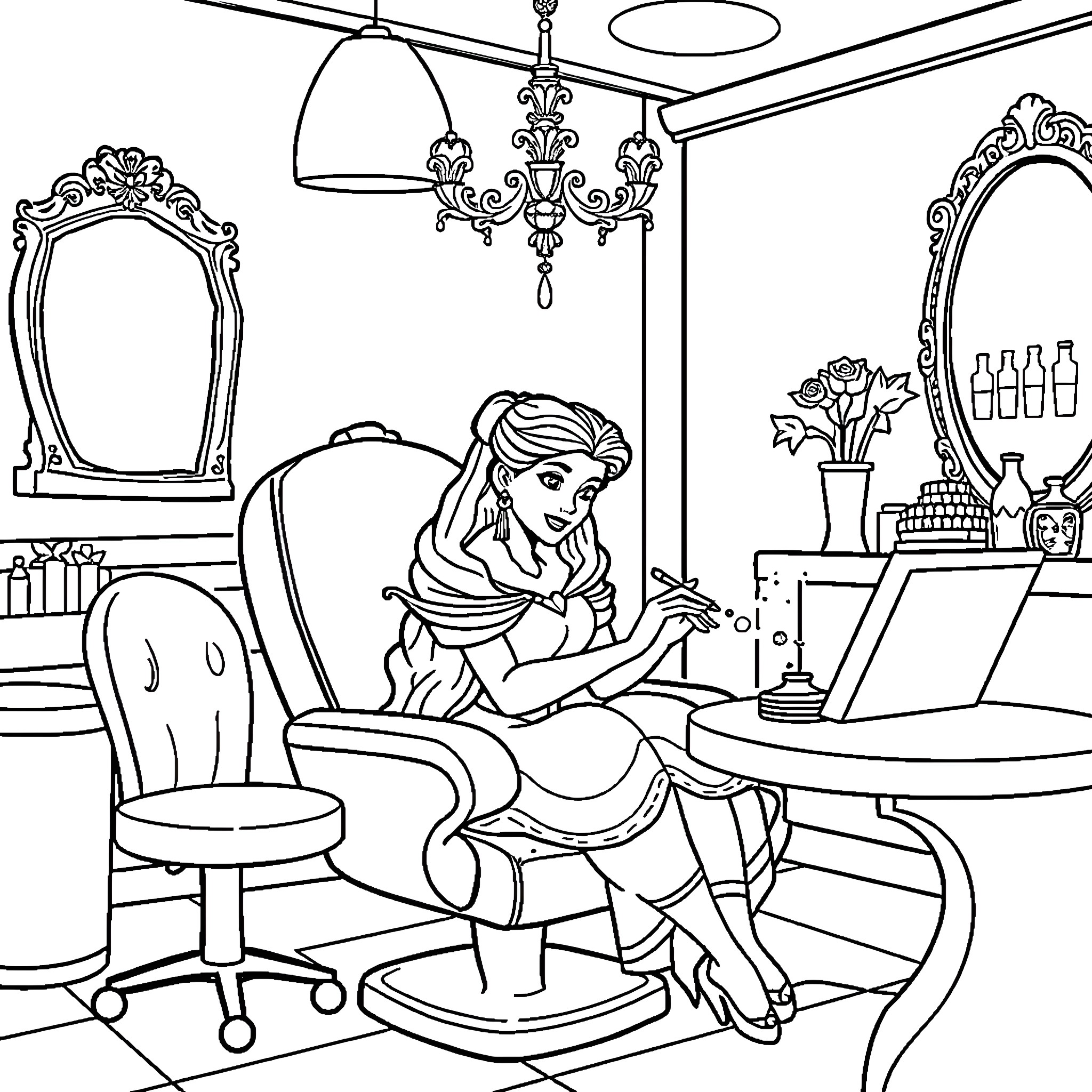Princess working diligently at her desk Coloring Page (free black-and-white line drawing printable PDF for all, from beginners to advanced learners, including children, teens, adults, and seniors)