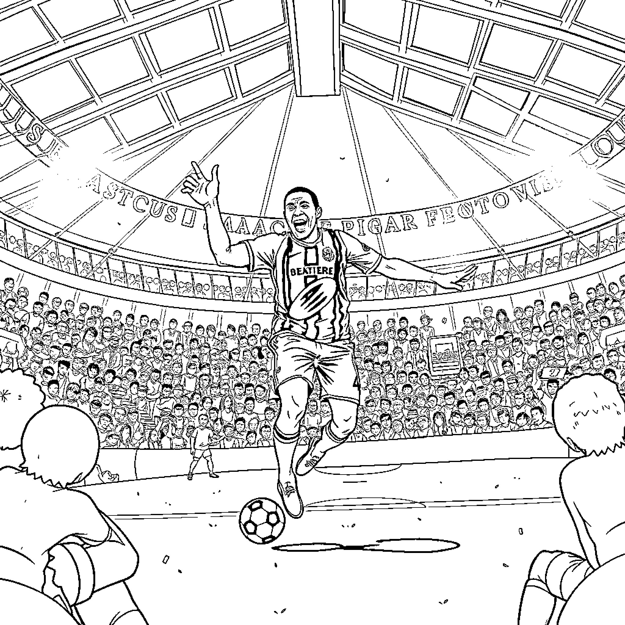 Mbappe's Triumphant Celebration in the Stadium Coloring Page (free black-and-white line drawing printable PDF for all, from beginners to advanced learners, including children, teens, adults, and seniors)