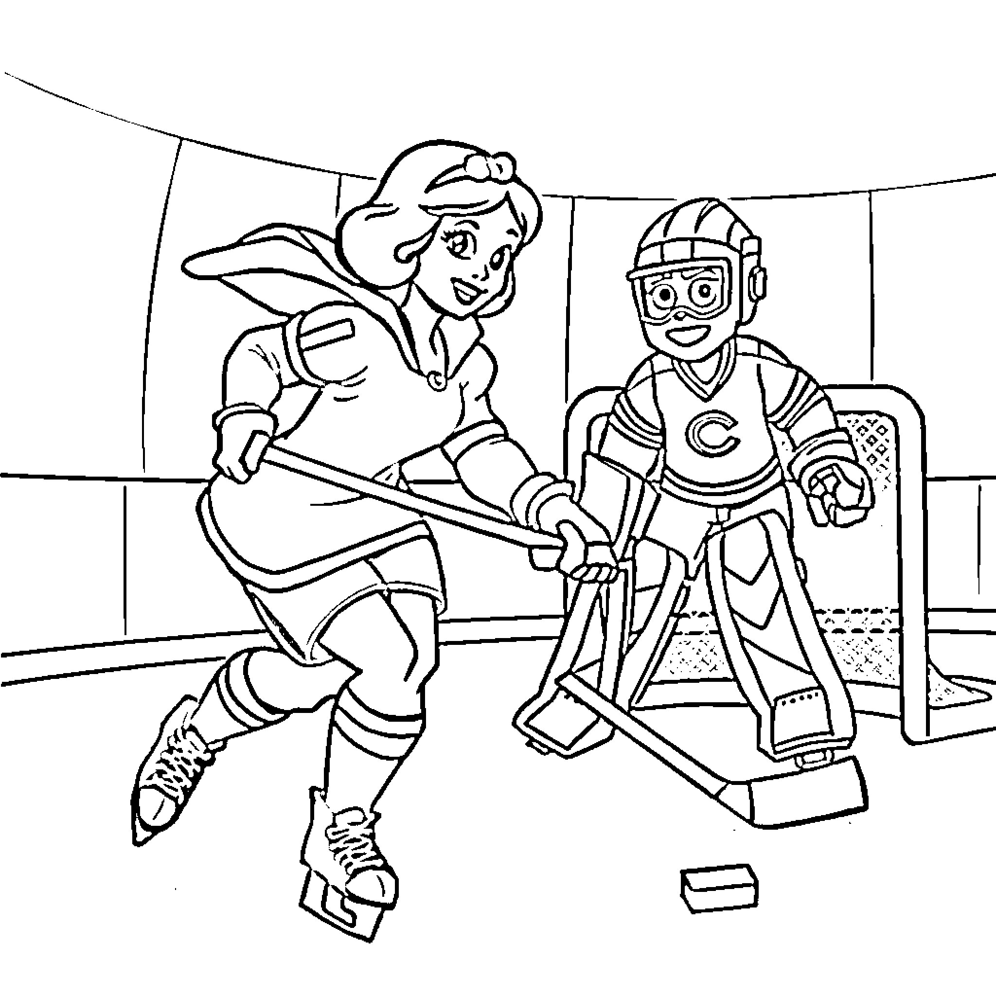 Snow White playing ice hockey with a goalie Coloring Page (free black-and-white line drawing printable PDF for all, from beginners to advanced learners, including children, teens, adults, and seniors)