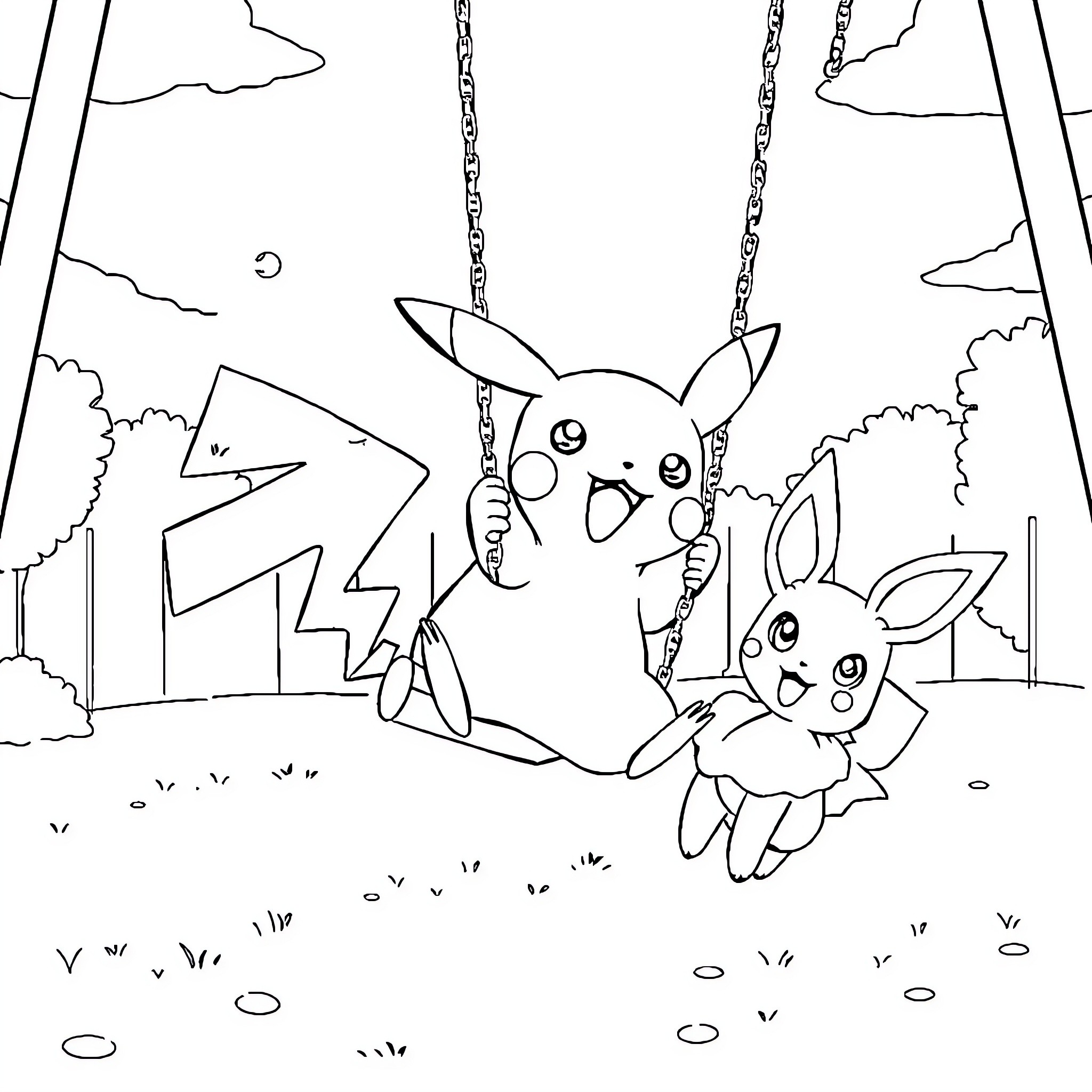 Pikachu and Eevee playing on swings in the park Coloring Page (free black-and-white line drawing printable PDF for all, from beginners to advanced learners, including children, teens, adults, and seniors)