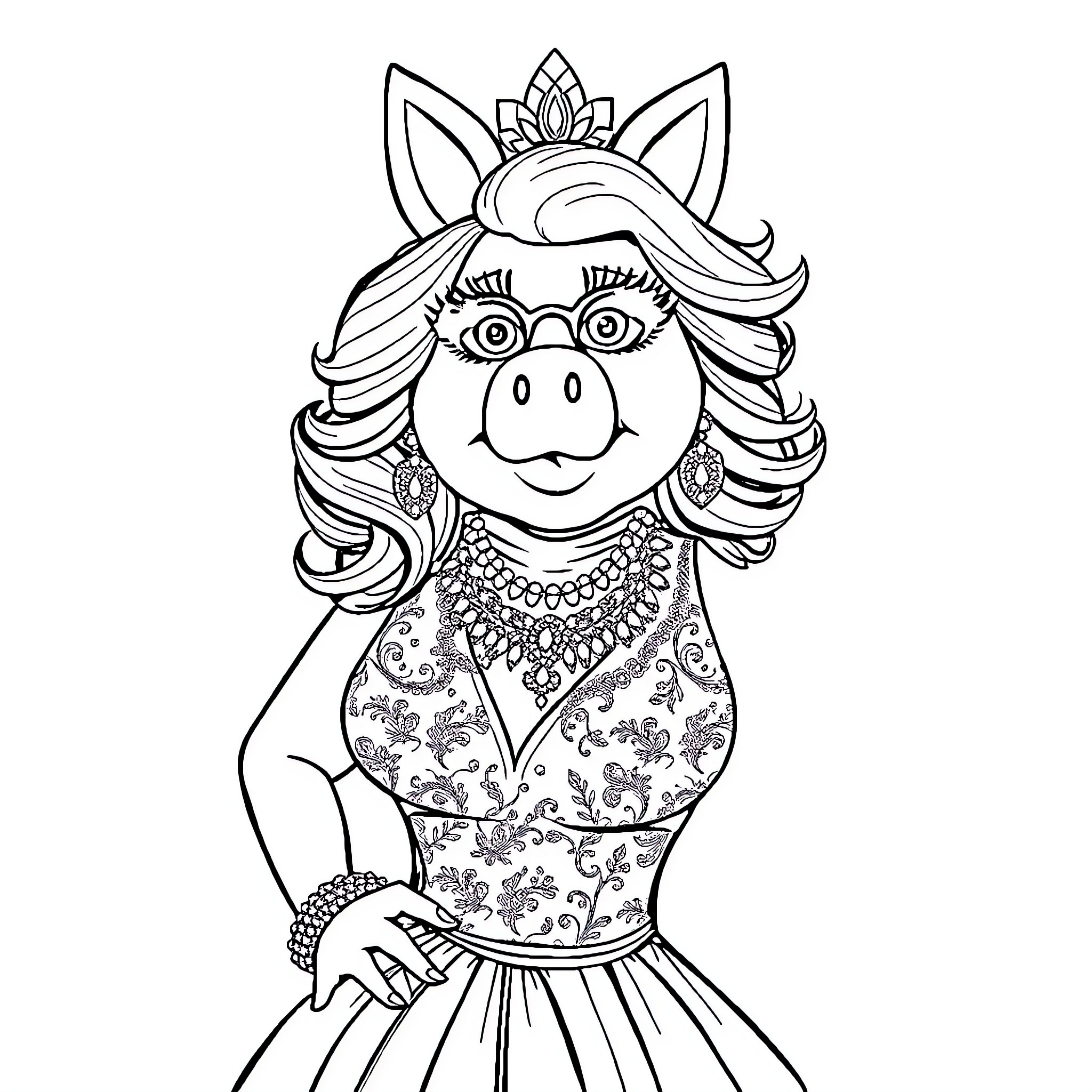 Miss Piggy dressed in ornate attire with crown Coloring Page (free black-and-white line drawing printable PDF for all, from beginners to advanced learners, including children, teens, adults, and seniors)