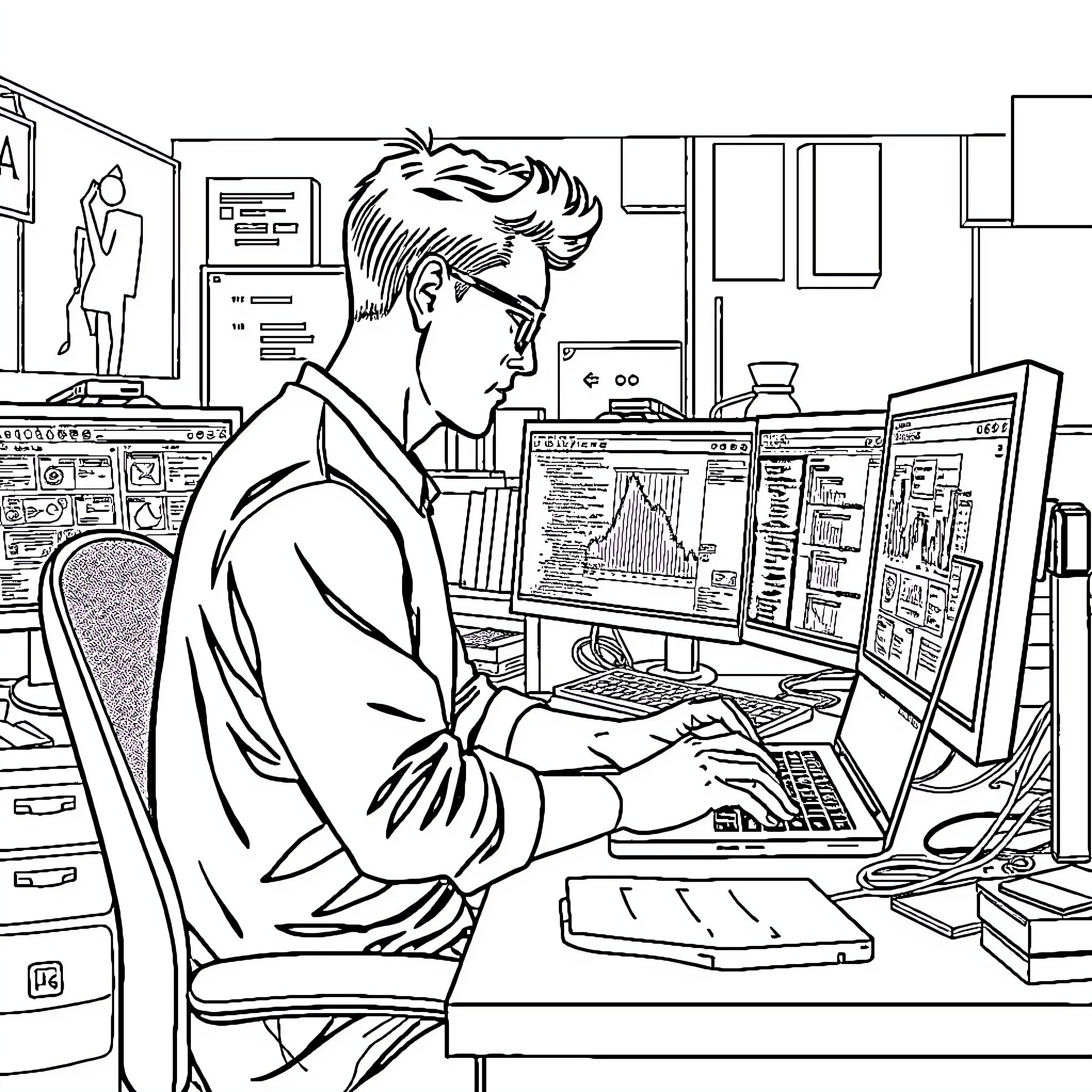 Guy working diligently at computer in office Coloring Page (free black-and-white line drawing printable PDF for all, from beginners to advanced learners, including children, teens, adults, and seniors)